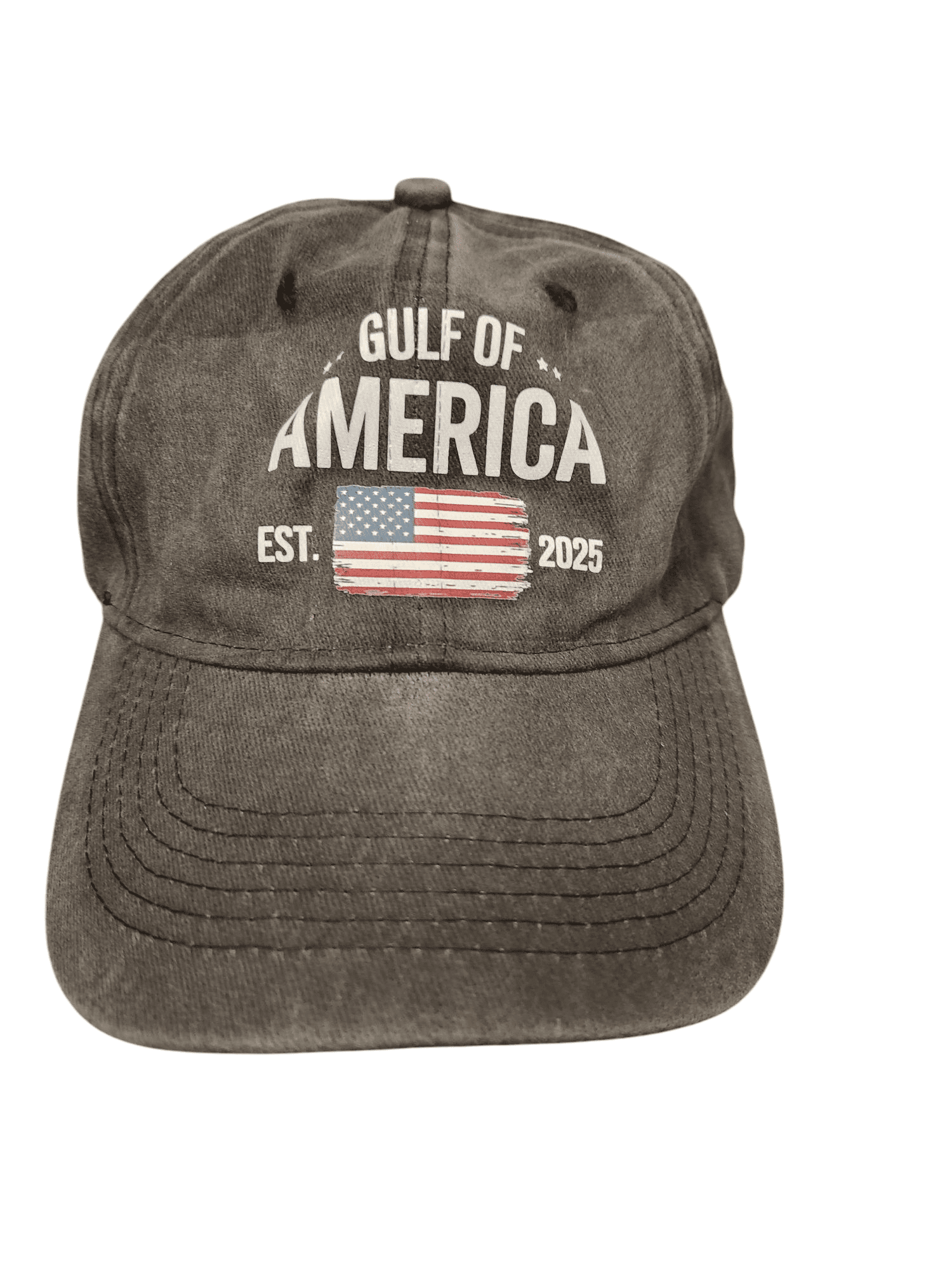 Worn black cap with American flag and Gulf of America text.