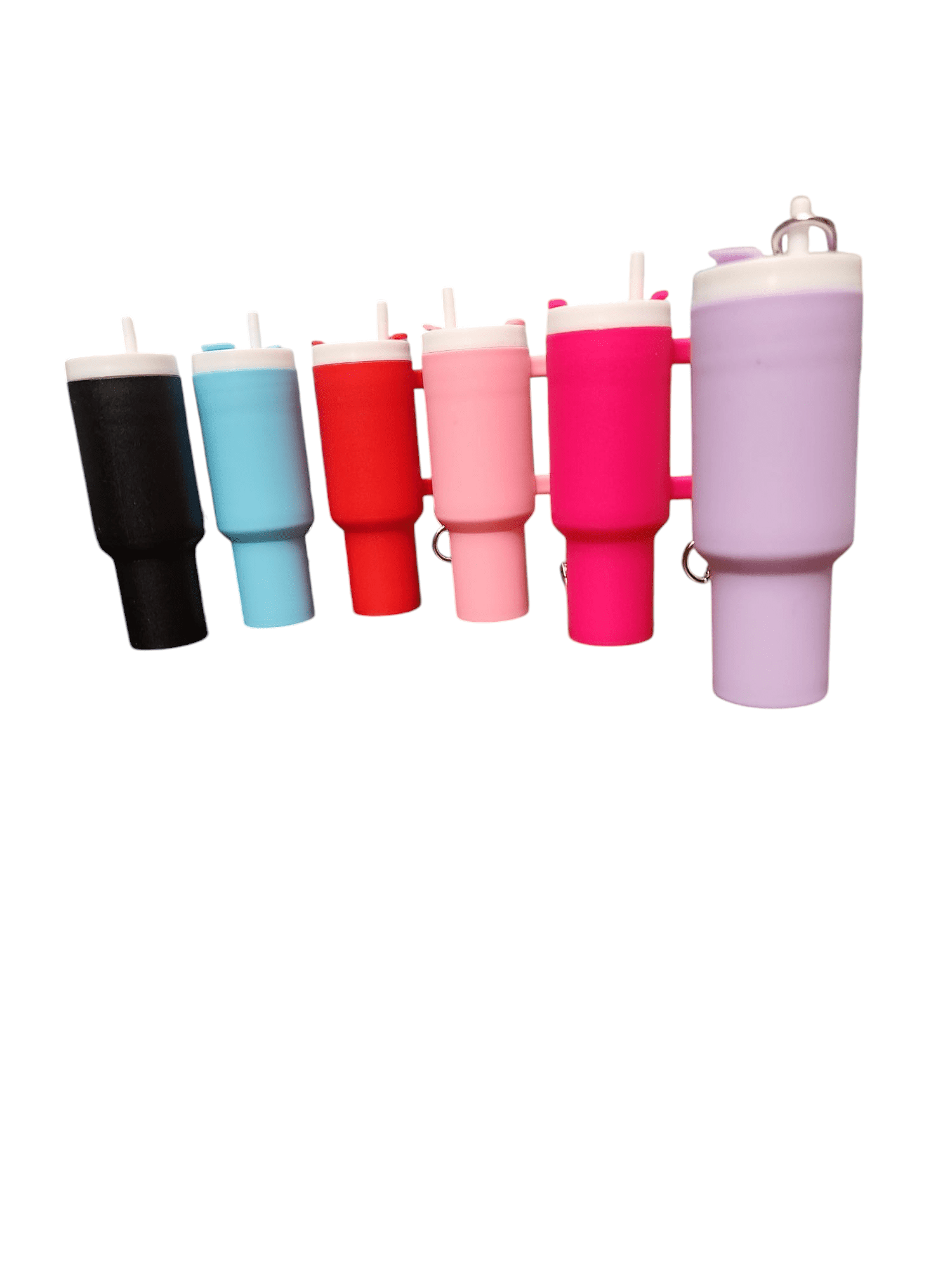Six colorful insulated tumblers with lids and straws in a row.