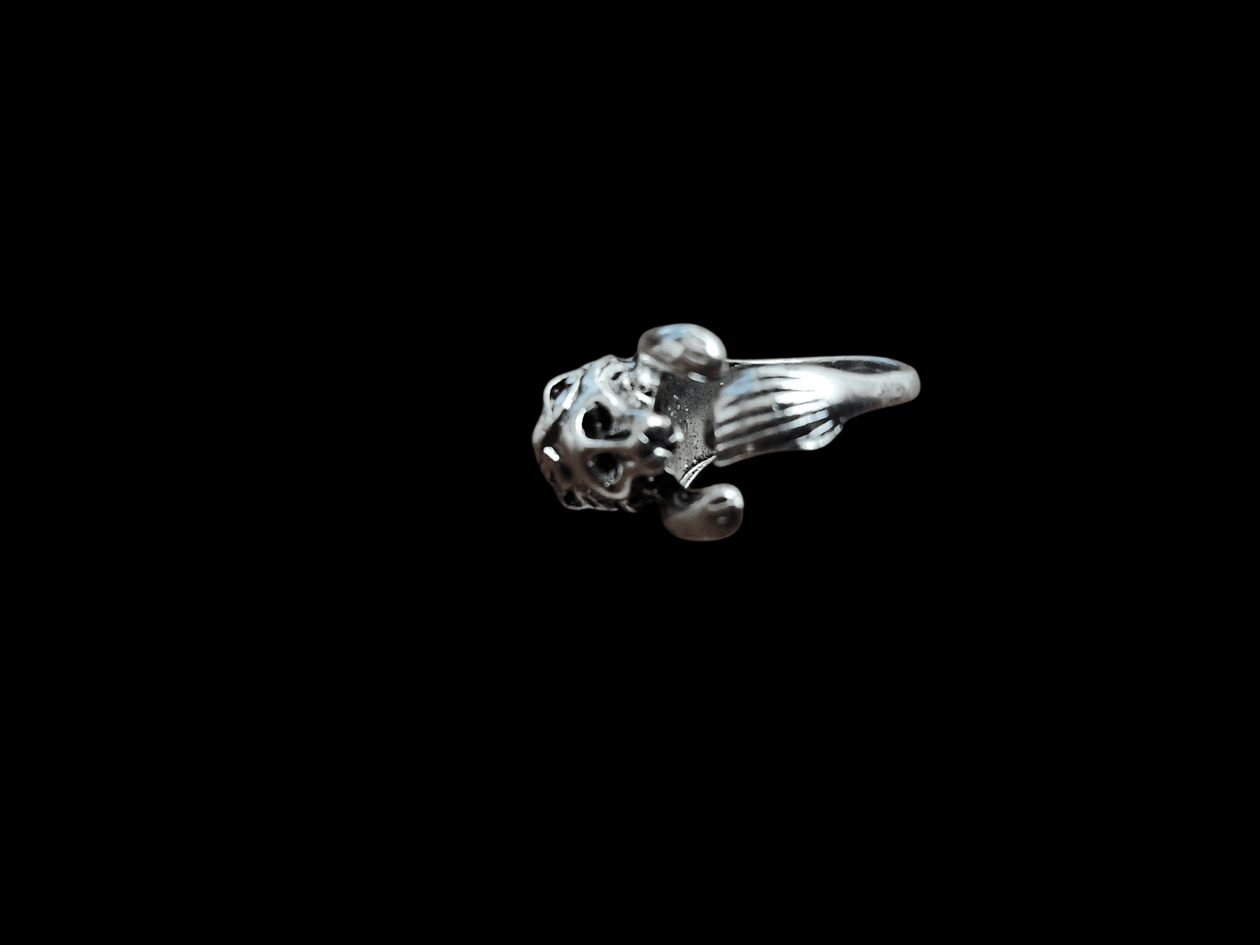 Silver skull ring with an intricate design on a black background.