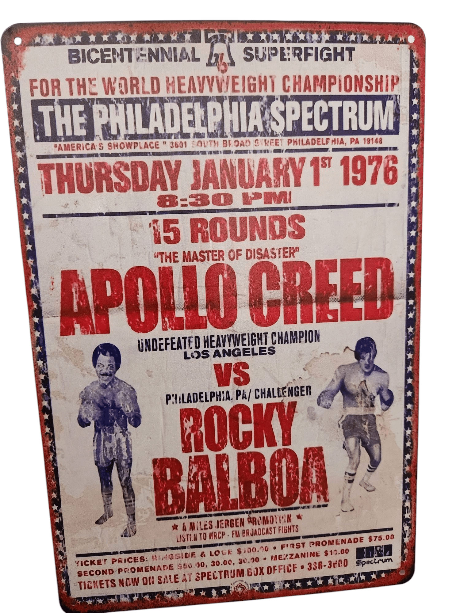 Vintage 1976 boxing poster featuring Apollo Creed vs. Rocky Balboa.
