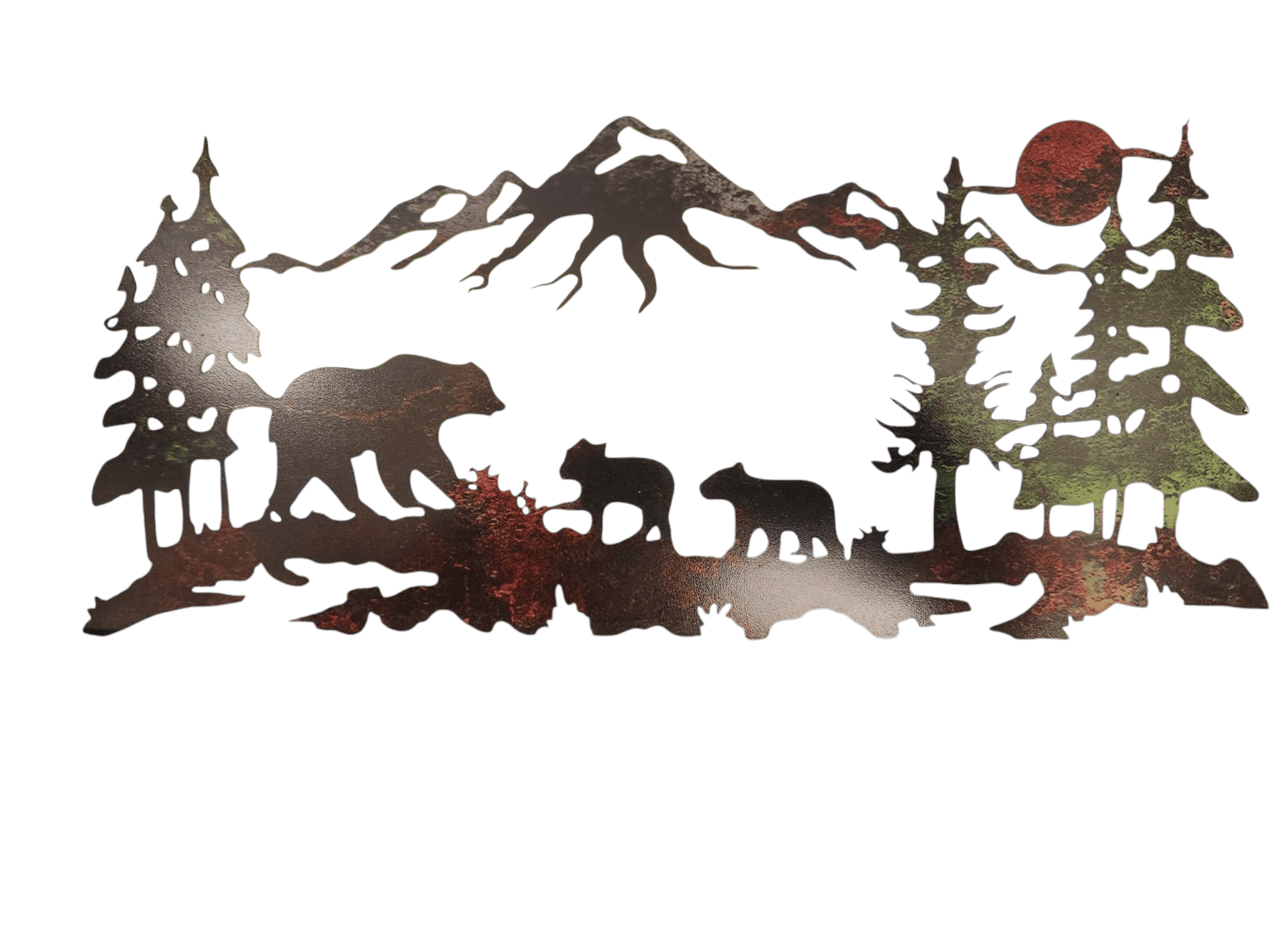 Silhouette of bears, mountains, trees, and a campfire under a red sun.