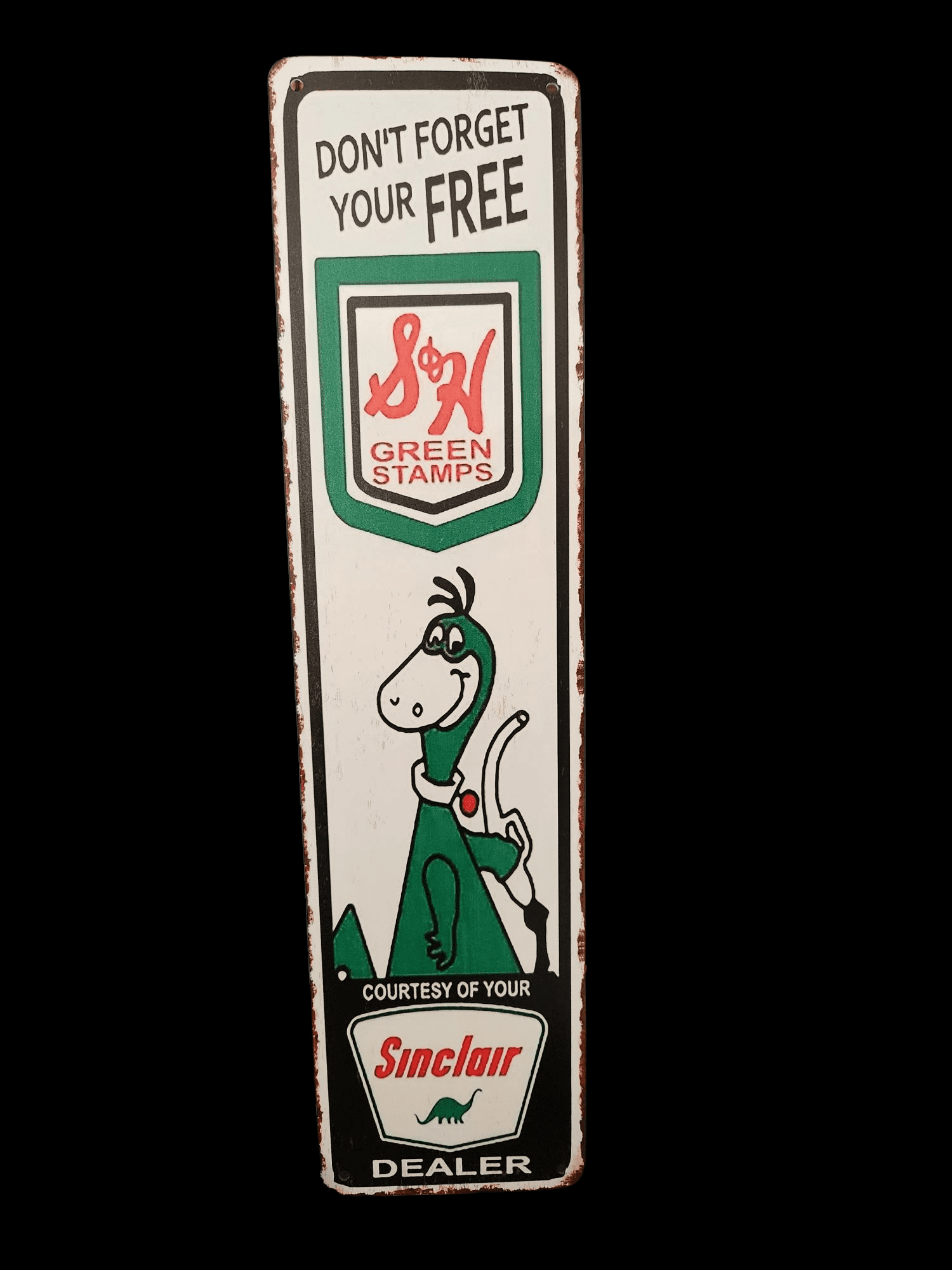 Vintage Sinclair dinosaur advertising sign offering a free 8x10 photo.