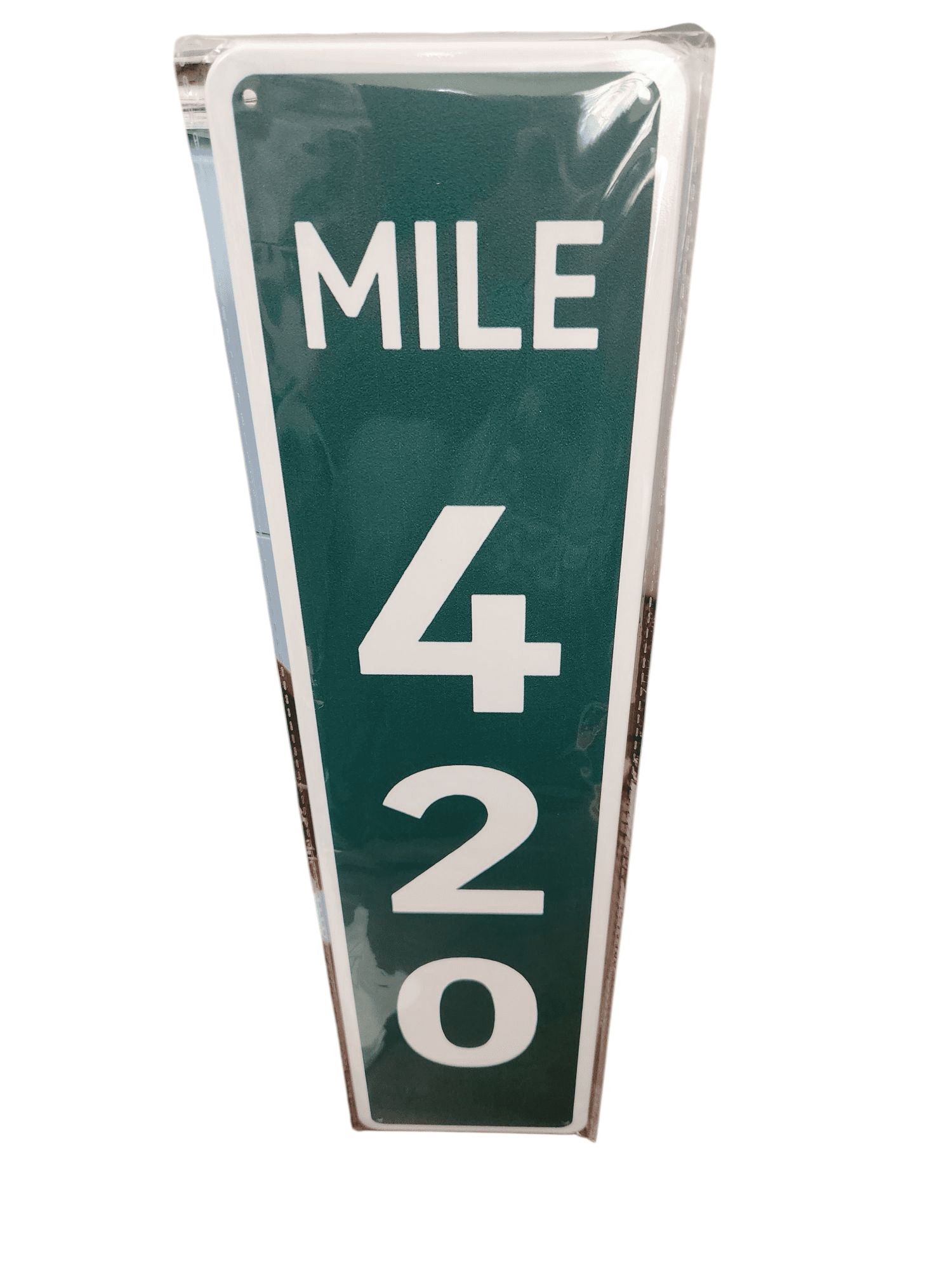 Mile marker sign reading 'MILE 420' with green background.