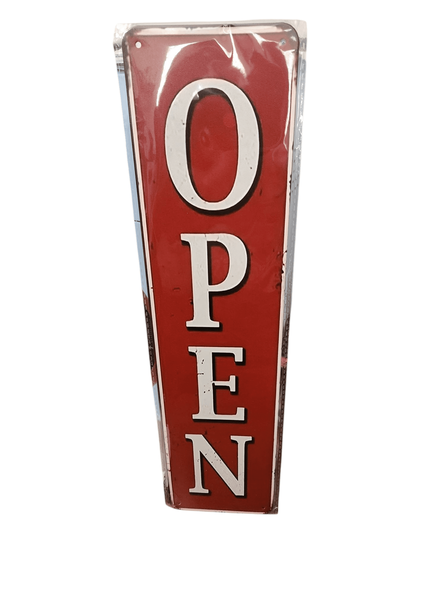 A red vertical sign with the word 'OPEN' in white letters.