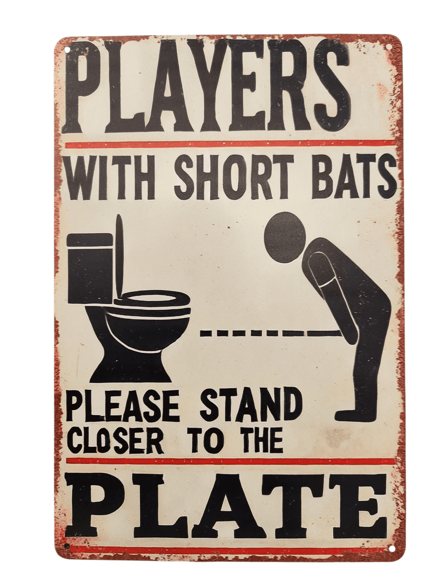 Vintage sign humorously advises players with short bats to stand closer to the plate.