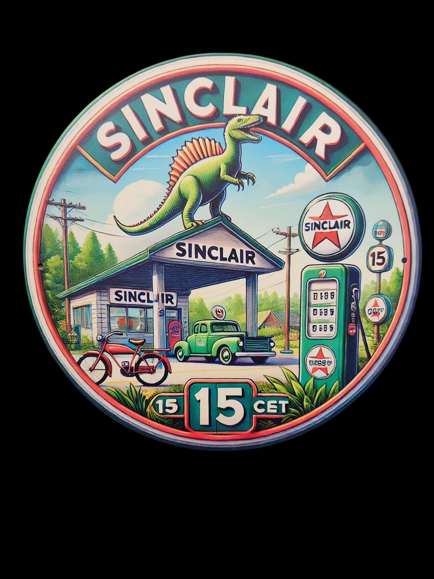 Vintage Sinclair Gasoline sign with dinosaur and gas pumps.