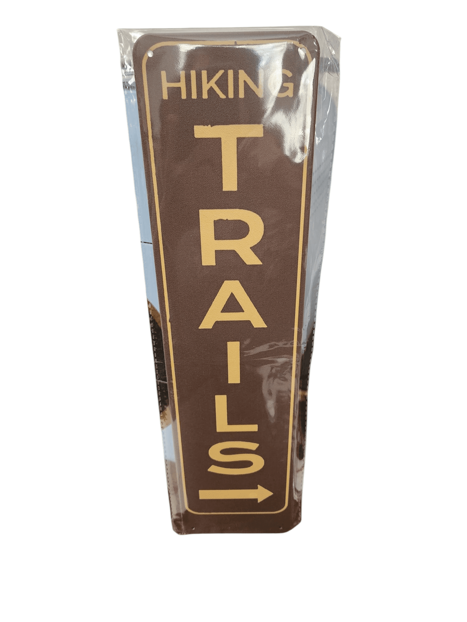 Brown sign indicating hiking trails with an arrow pointing up.