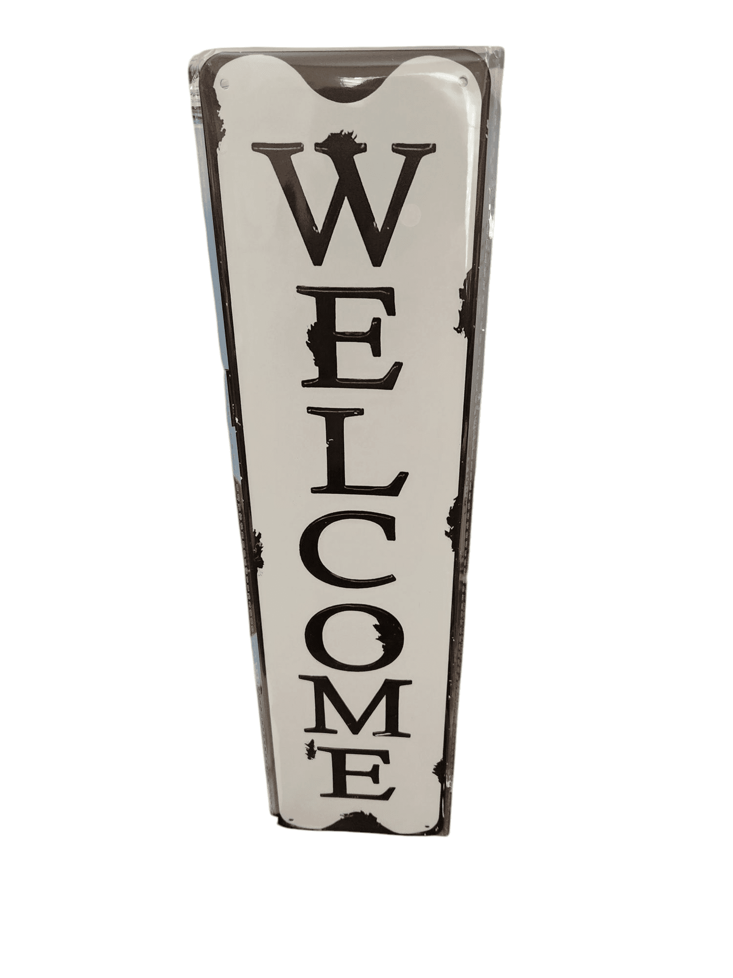 A rustic vertical wooden sign with the word "WELCOME" in black letters.