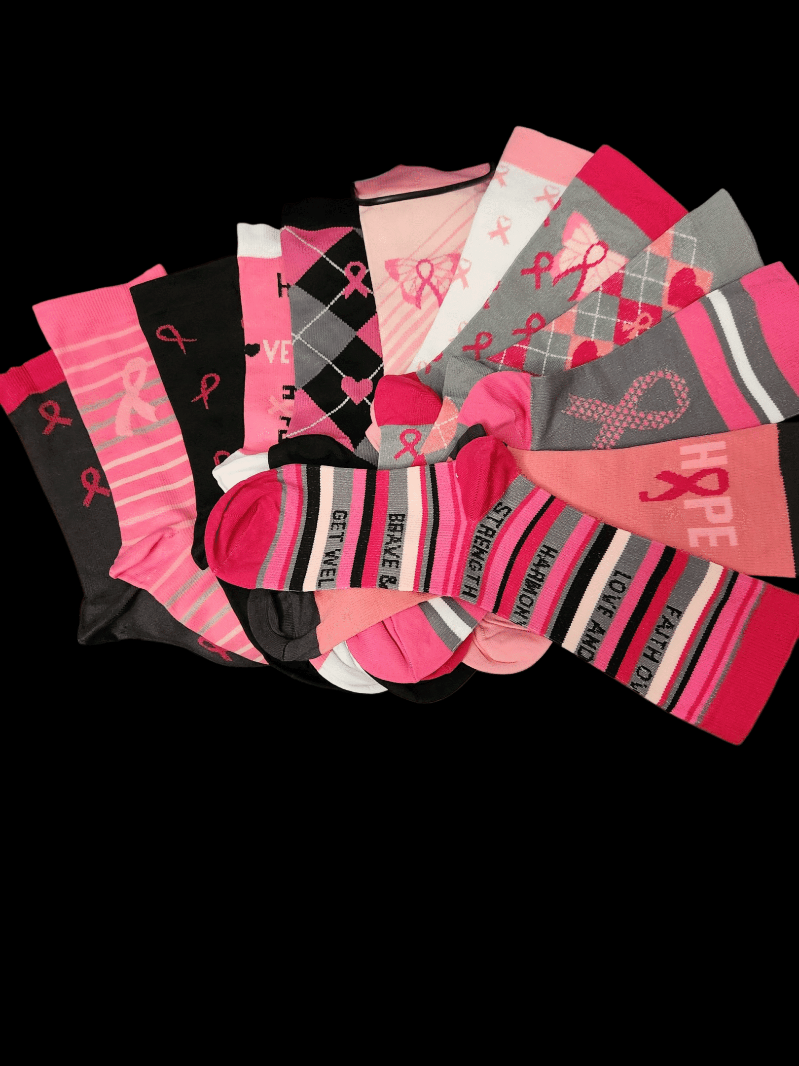 A colorful assortment of women's socks in various patterns and colors.