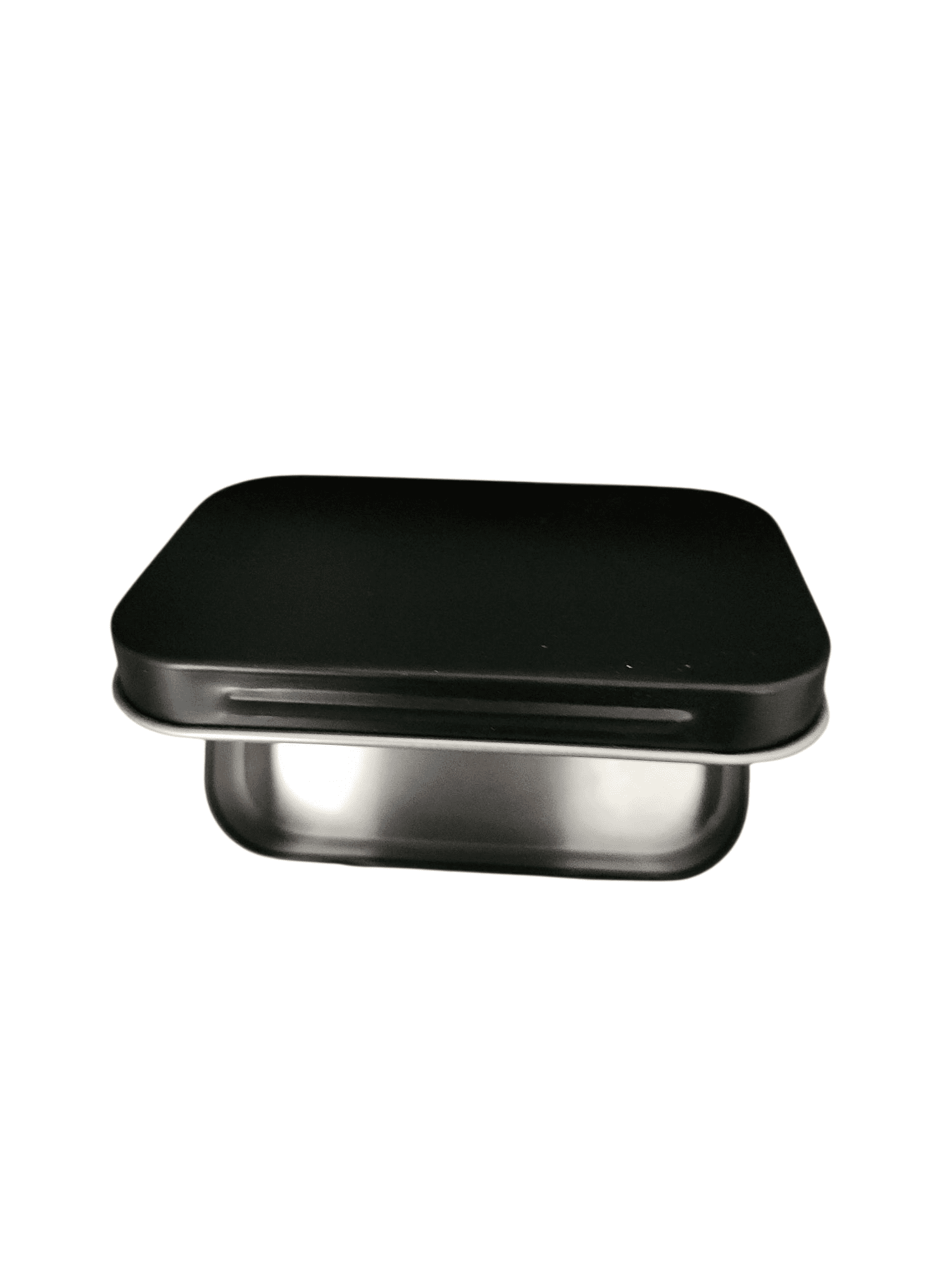 A sleek stainless steel container with a black lid.
