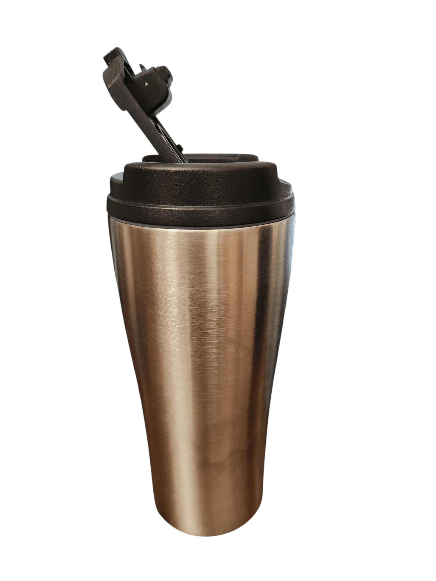 A stainless steel travel mug with a black flip-top lid.