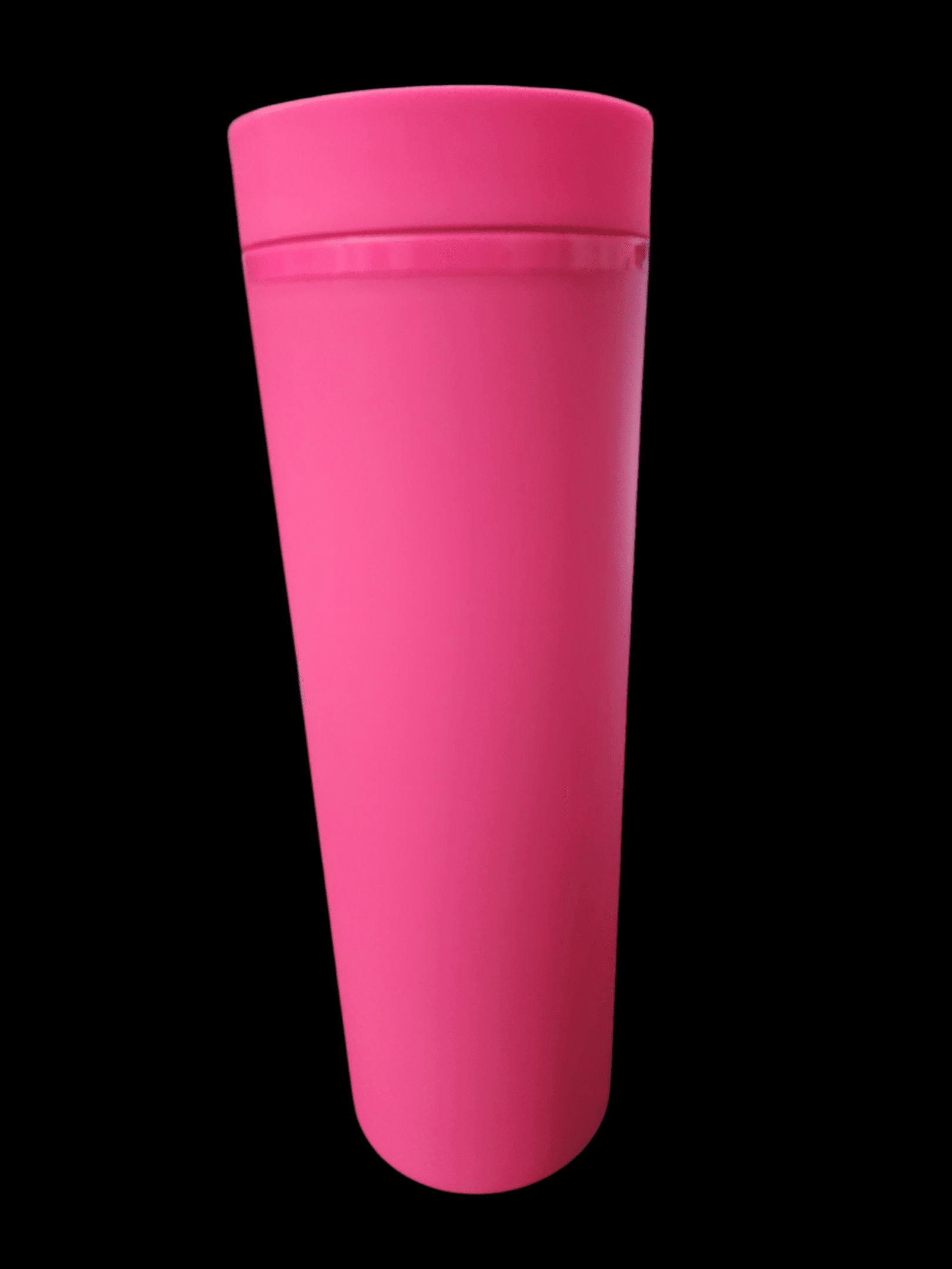 Tall pink plastic cup with a lid, isolated on black.