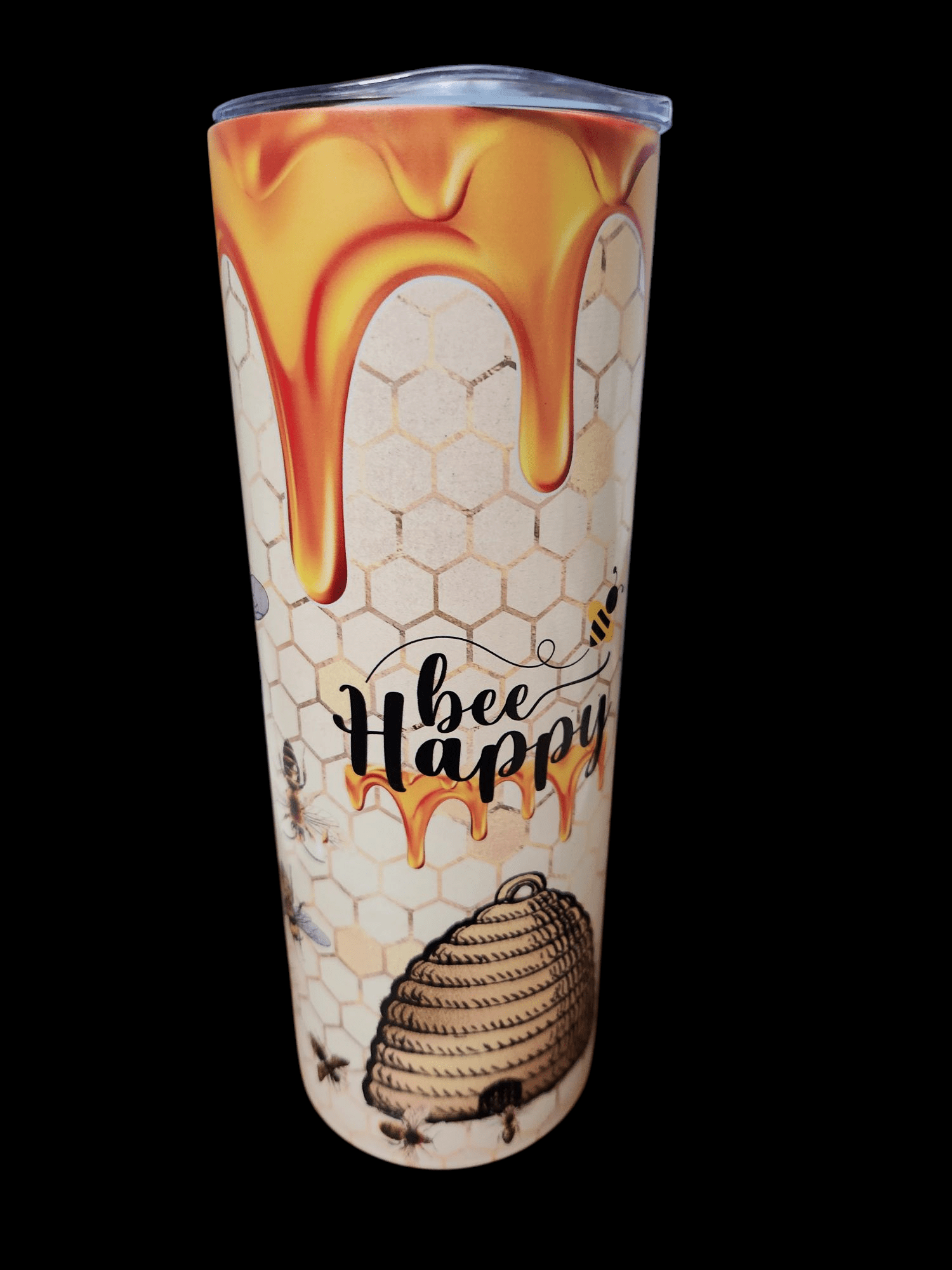 A tall container with honey dripping and 'bee Happy' text.