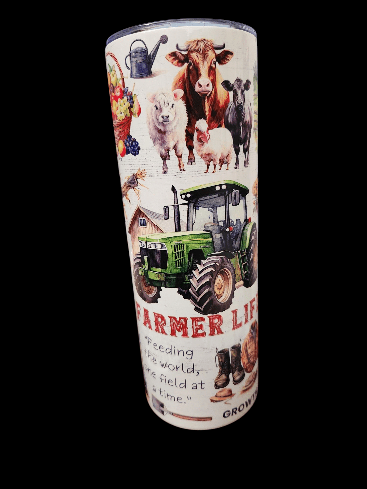 A decorated cup with farming-themed illustrations and text.
