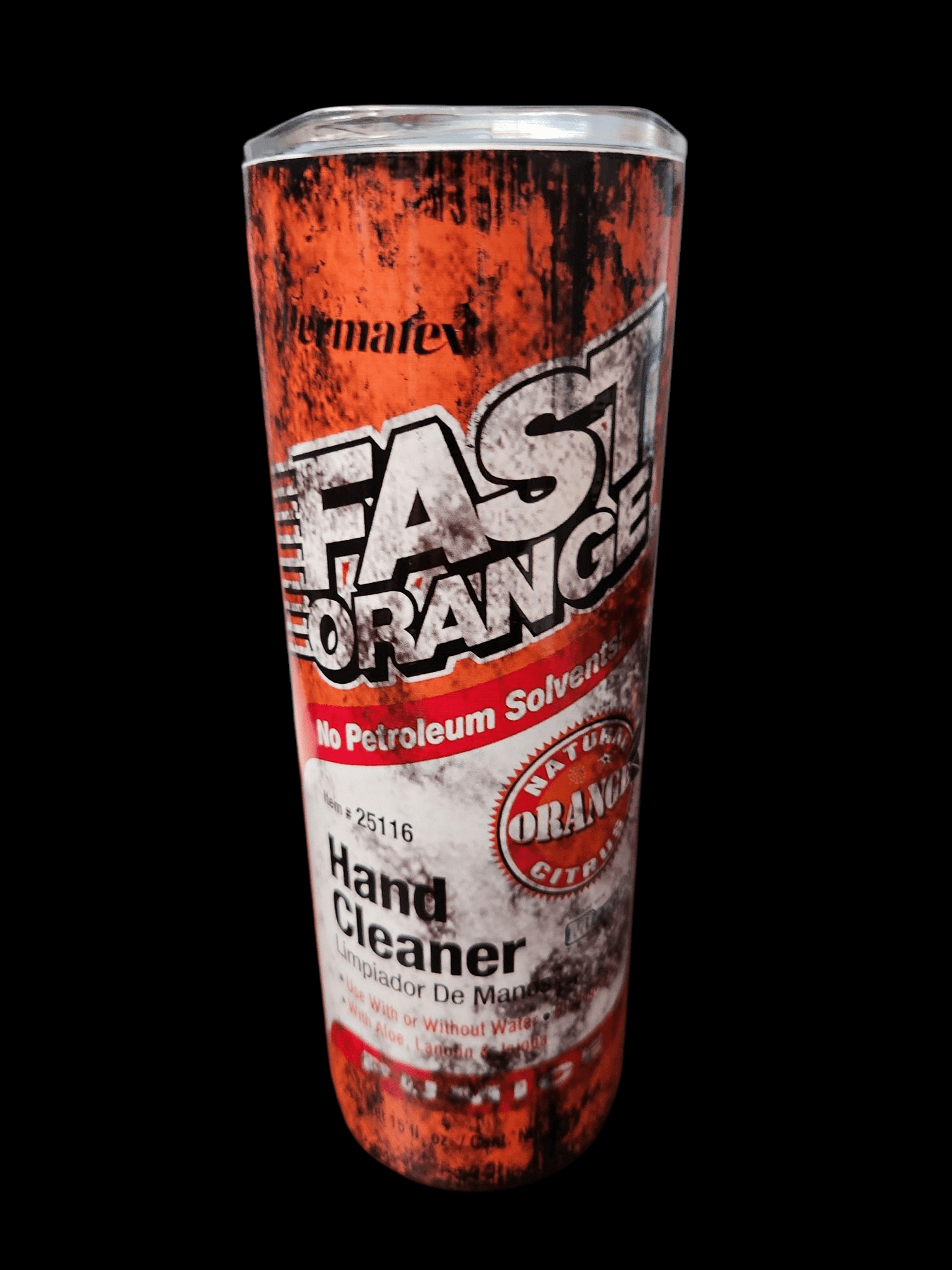 A can of Fast Orange hand cleaner with an orange-themed design.