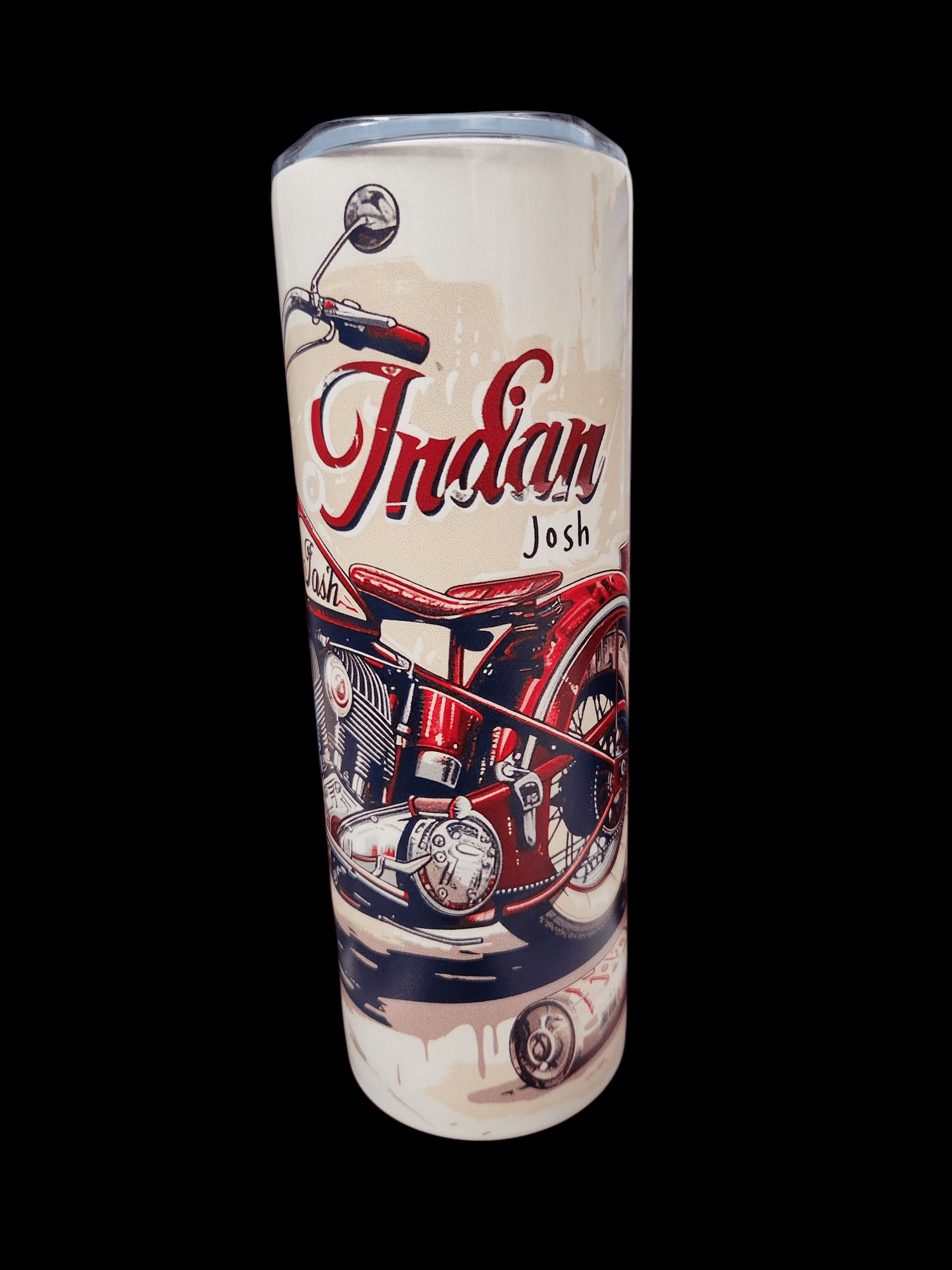 Close-up of an Indian Josh motorcycle gas tank with vintage design.