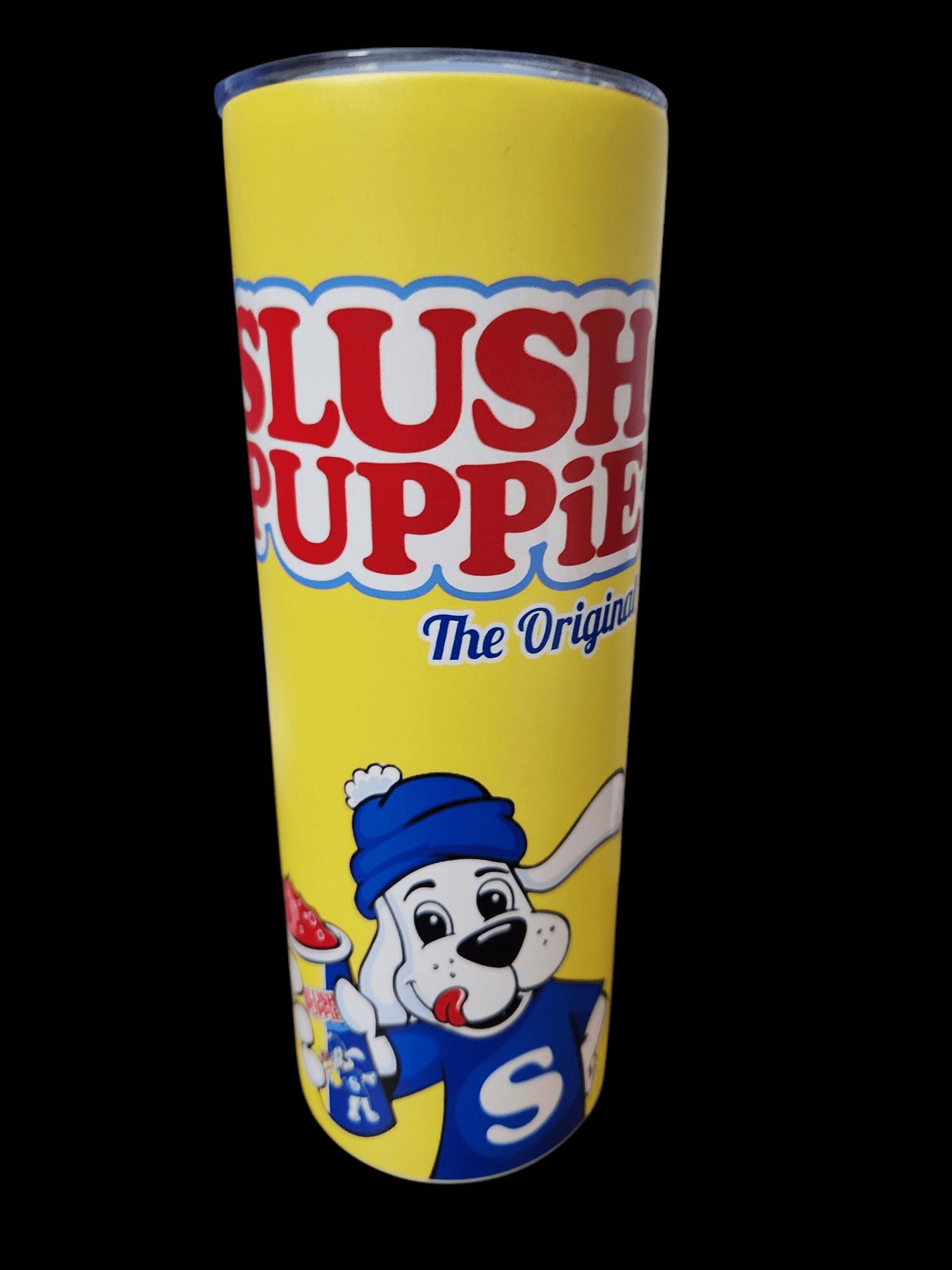 Slush Puppie cup with colorful logo and mascot.