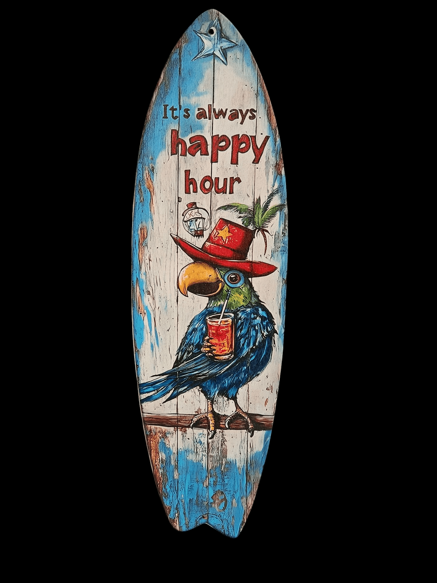 A colorful bird on a wooden sign reads "It's always happy hour."