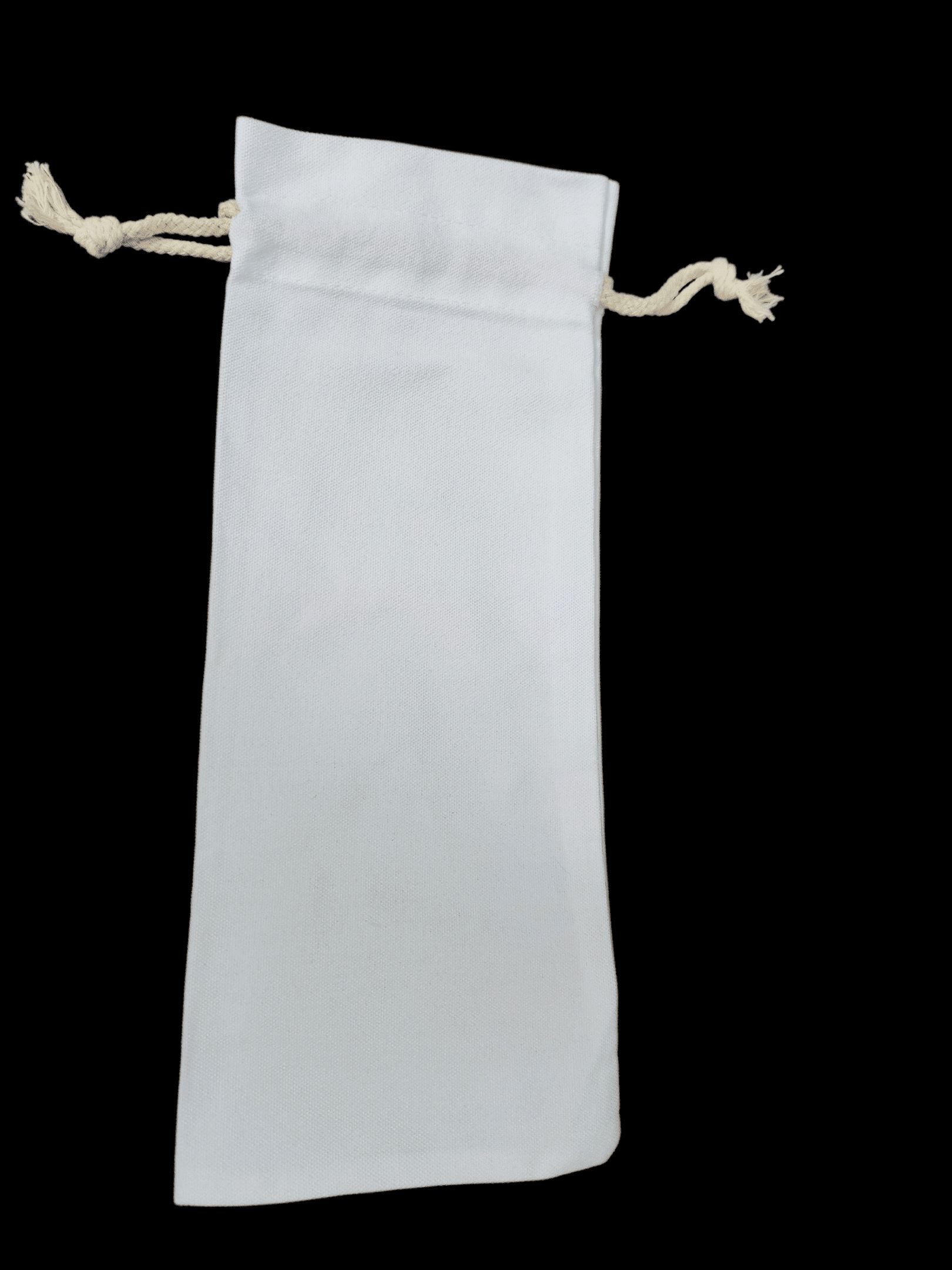 White drawstring pouch bag on a black background.