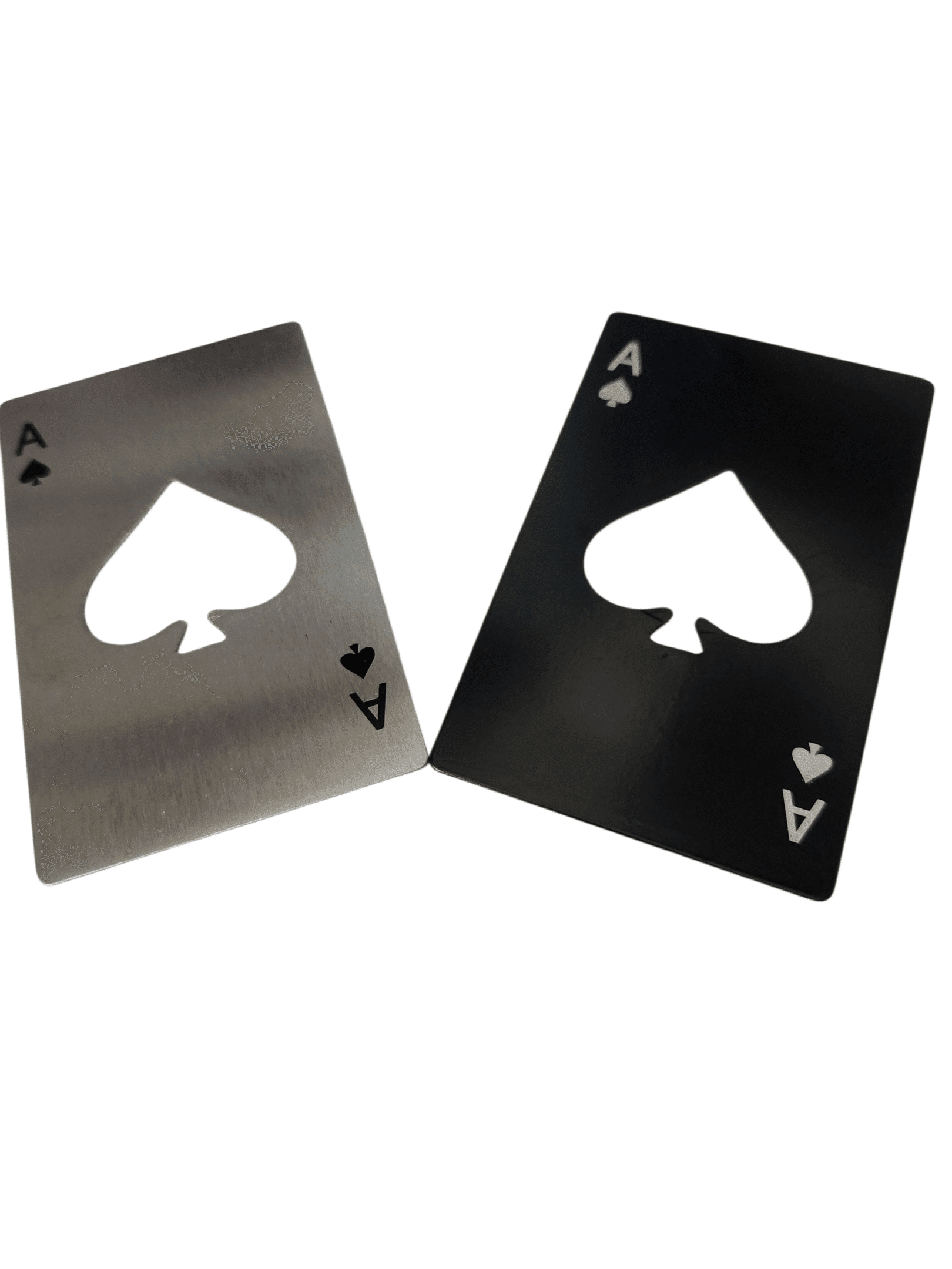 Two Ace of Spades playing cards, one metallic and one black.