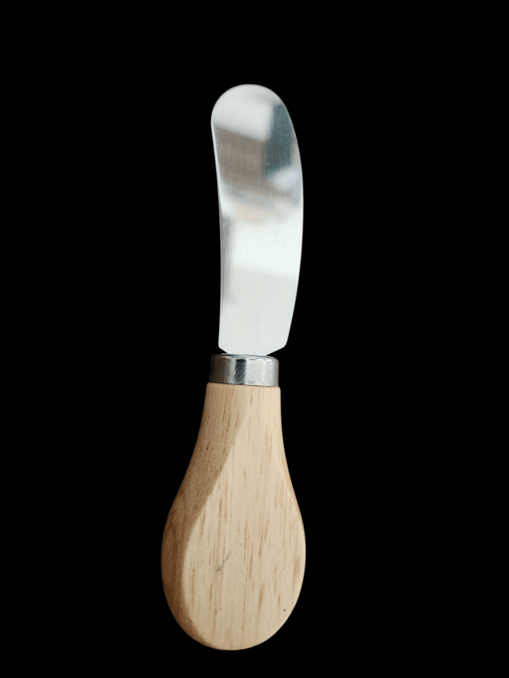A wooden-handled butter knife with a curved metal blade.