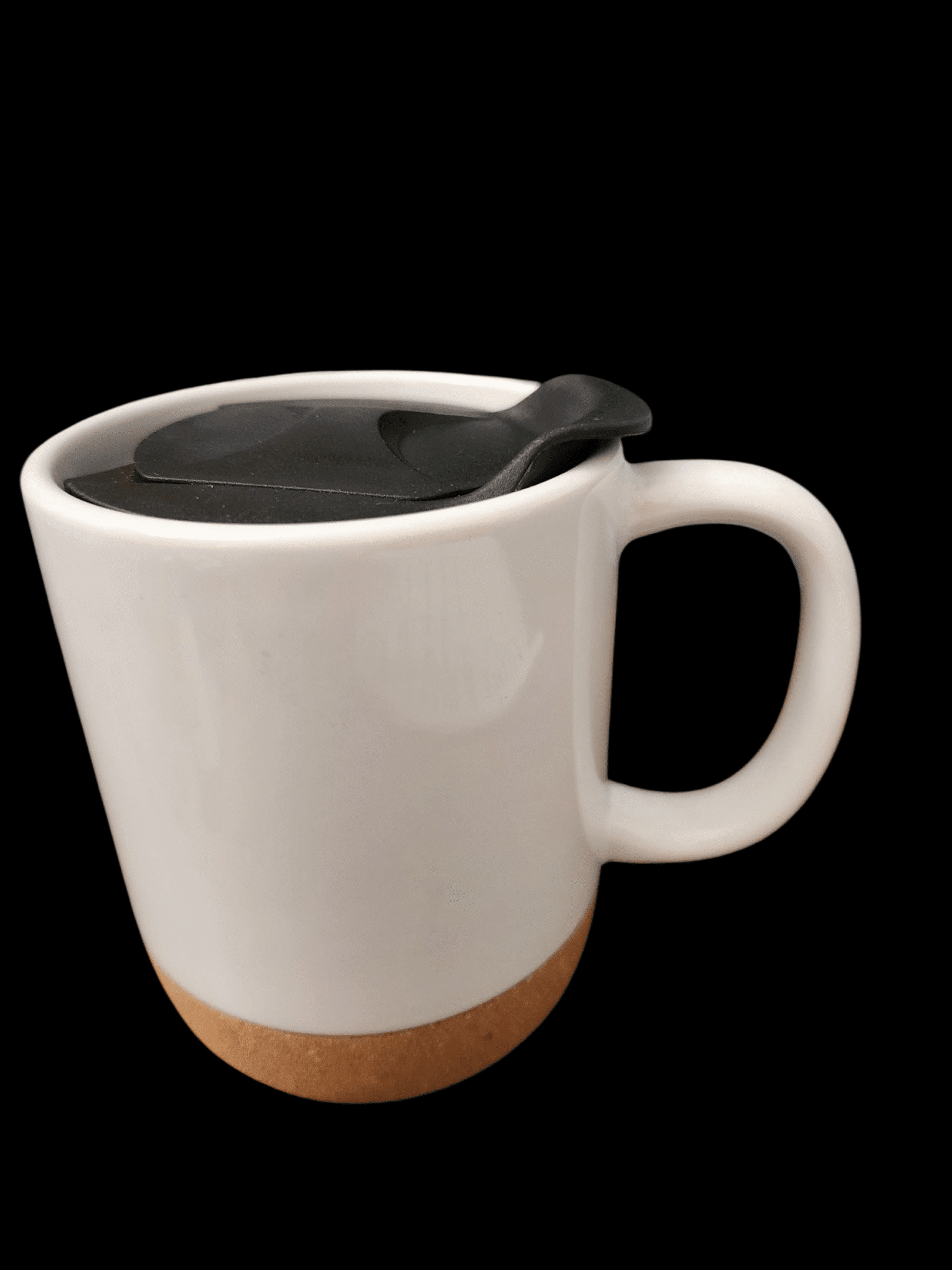 White ceramic mug with a black lid and brown base.