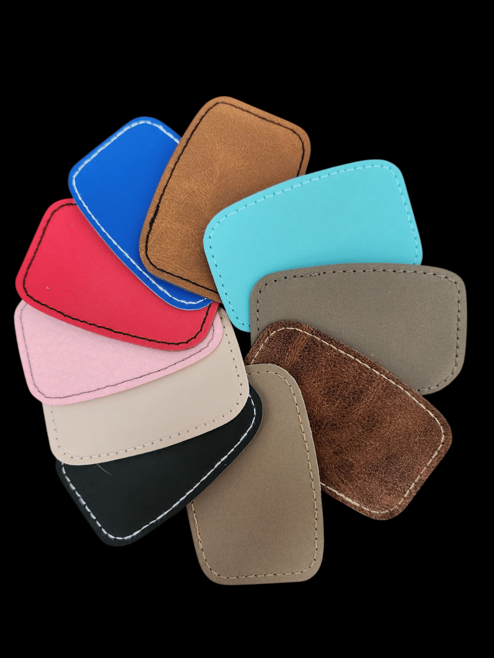 Various colored leather swatches arranged in a circular pattern on a black background.