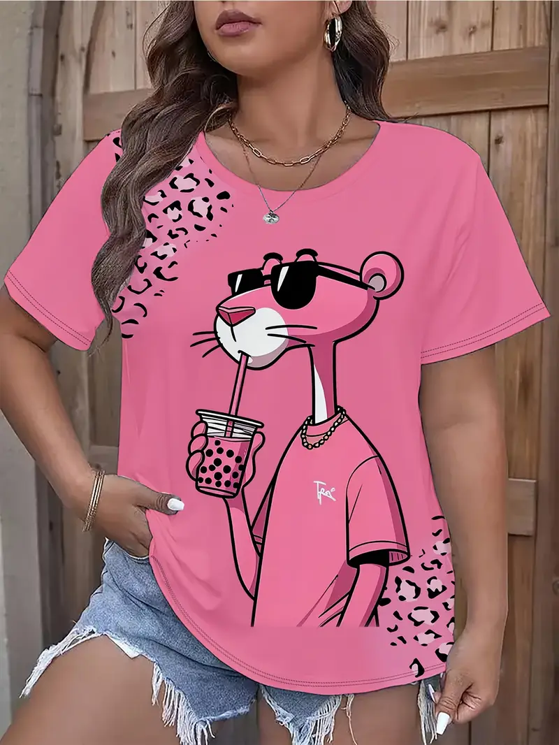 Pink T-shirt with a cool cartoon panther wearing sunglasses and holding a drink.