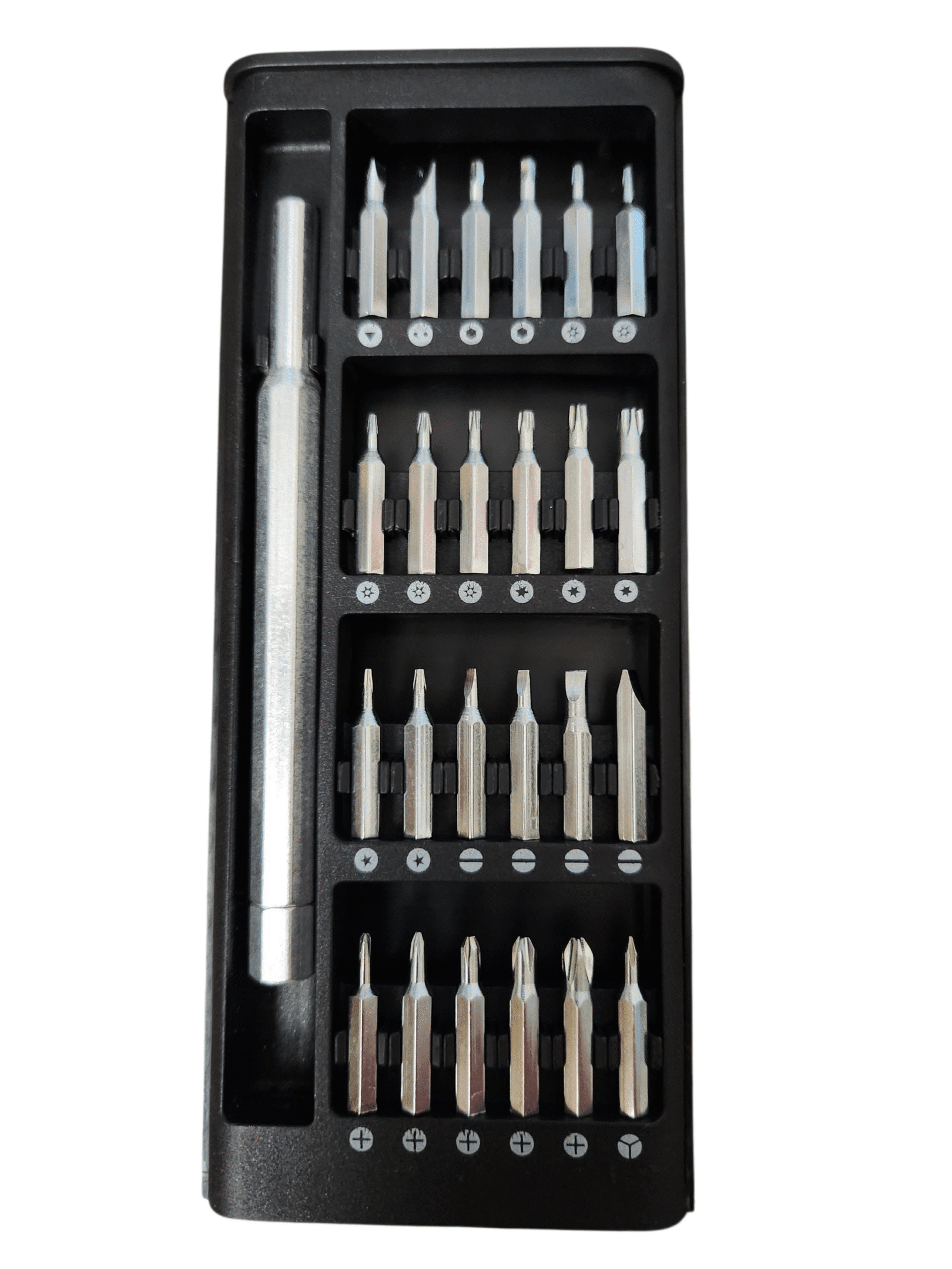 Precision screwdriver set with multiple bits in a black case.