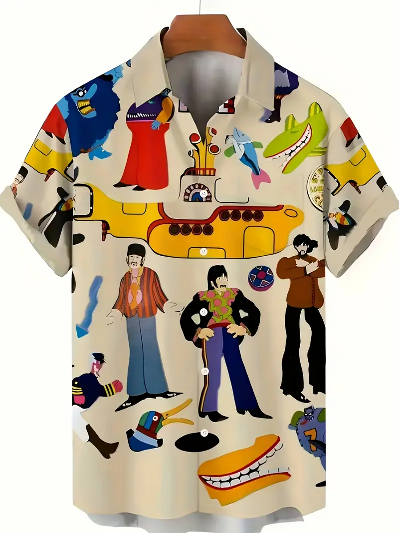 Colorful shirt with cartoon-style characters and iconic imagery.