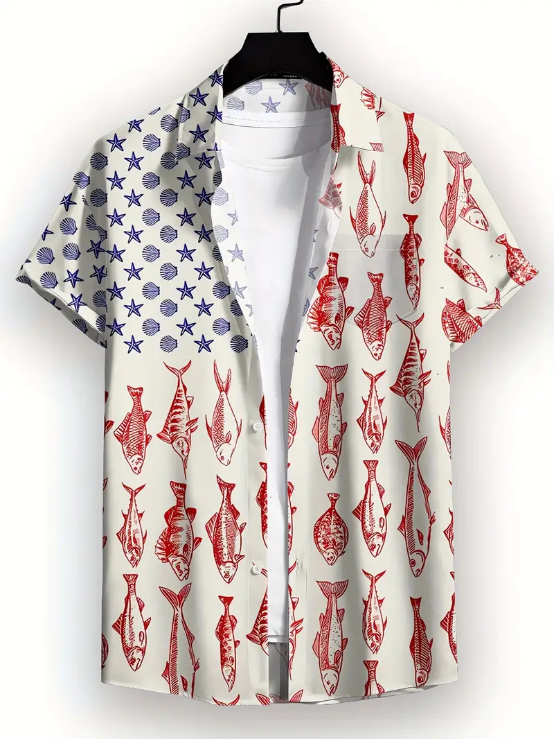 Short-sleeved shirt with American flag and lobster print design.
