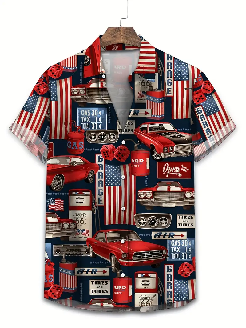 Colorful shirt featuring vintage cars and American flags in a collage style.