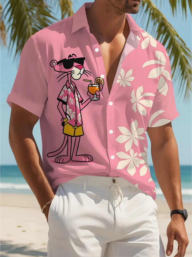 Man wearing a pink tropical shirt with Pink Panther print at the beach.