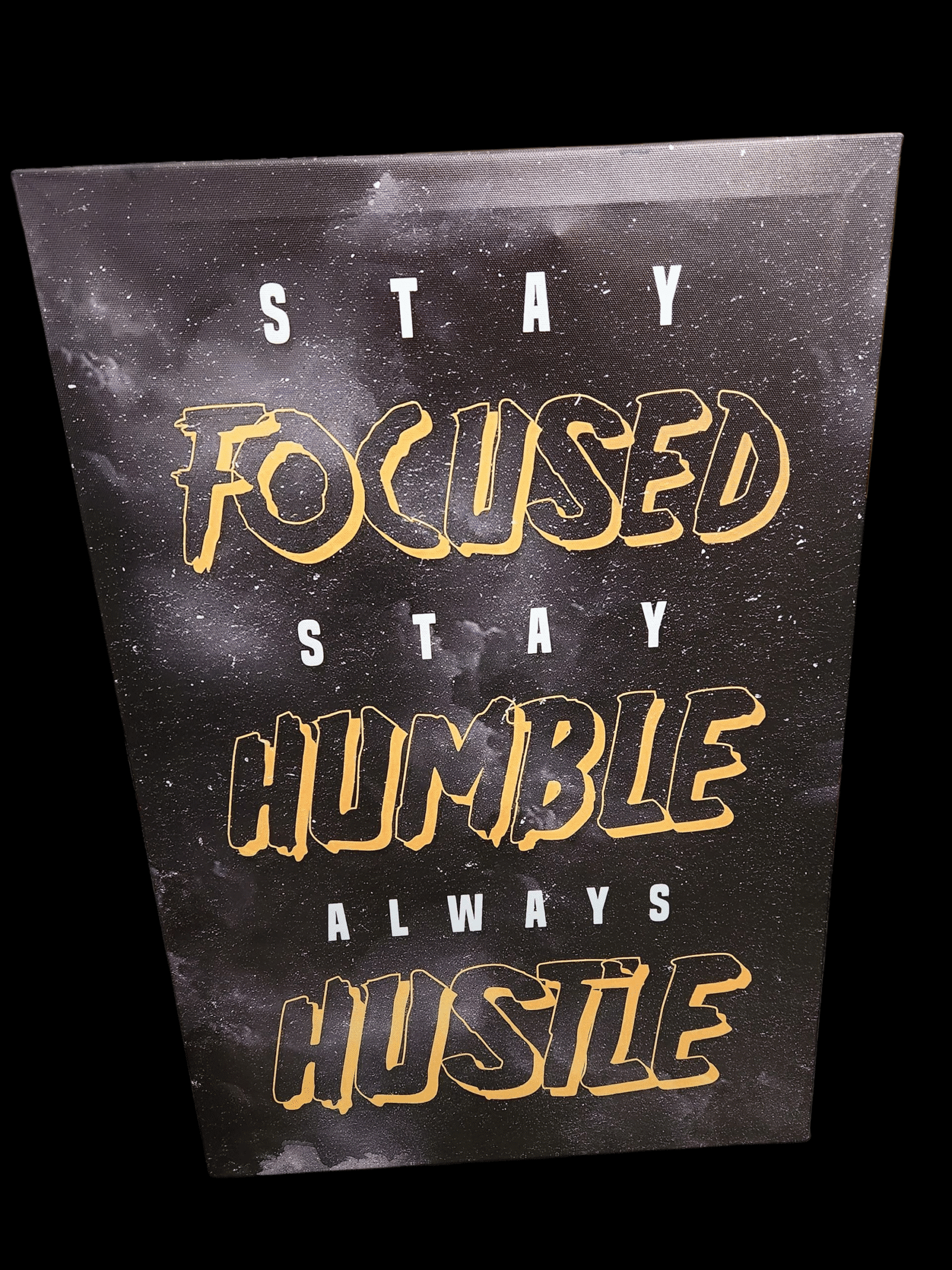Motivational poster with gold text on black background.