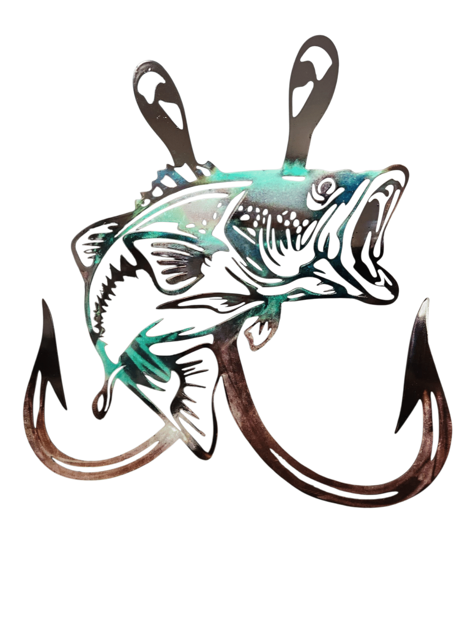 A fierce fish caught between two large fishing hooks.