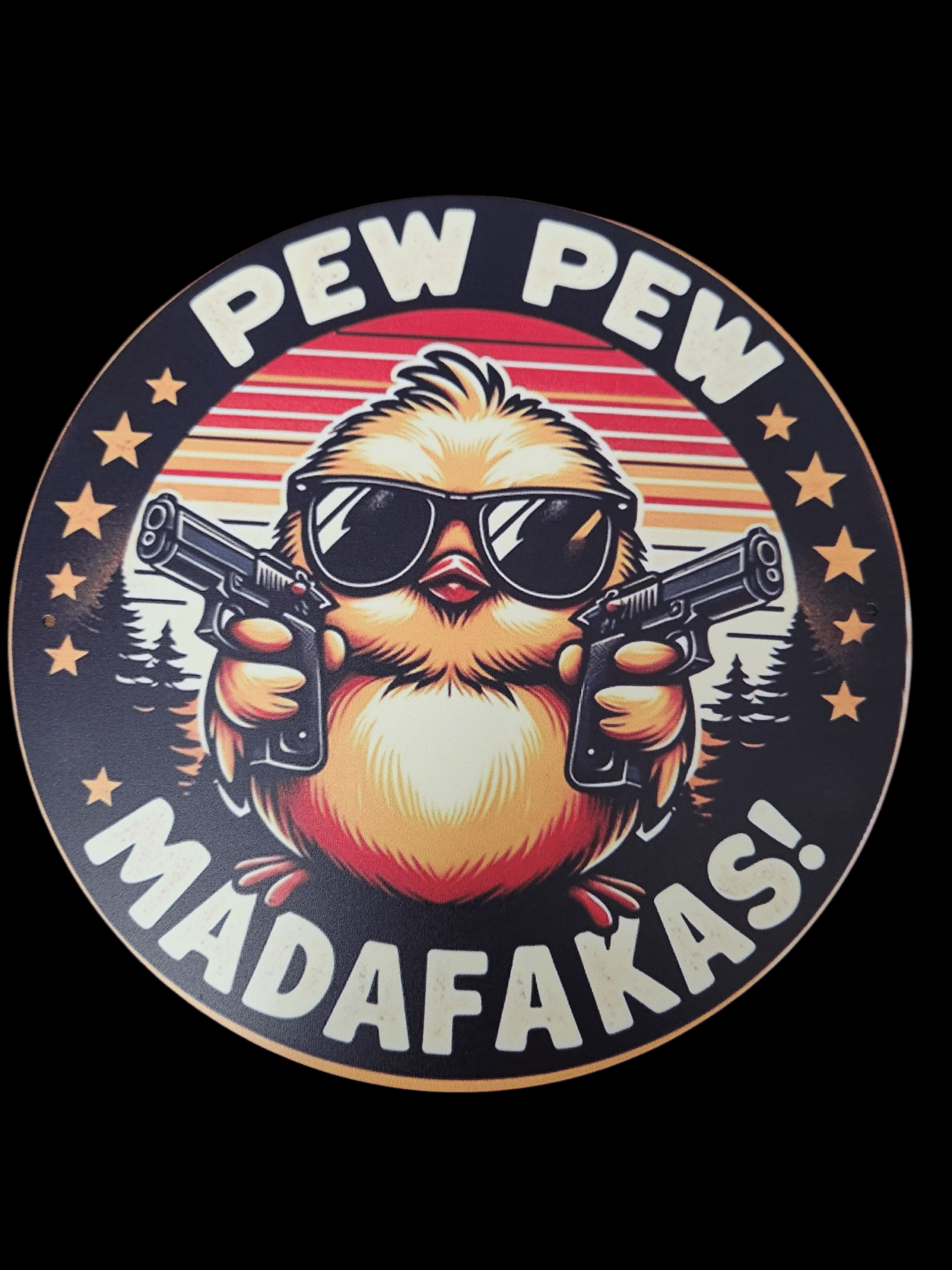 Cool chick with guns and sunglasses saying 'Pew Pew Madafakas!'