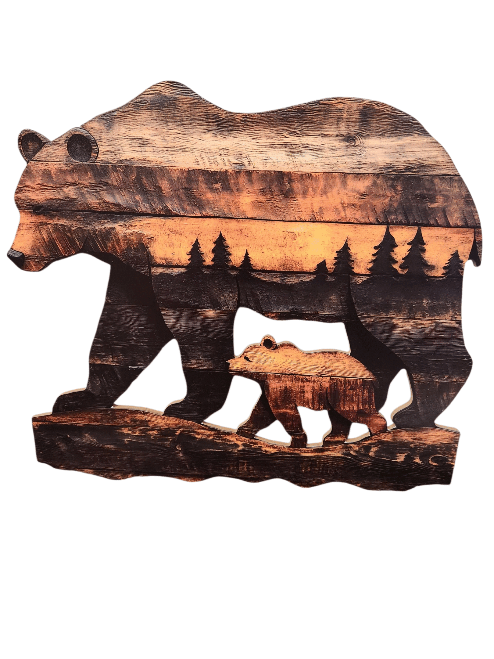 Wooden bear and cub silhouette with sunset forest scene inside.