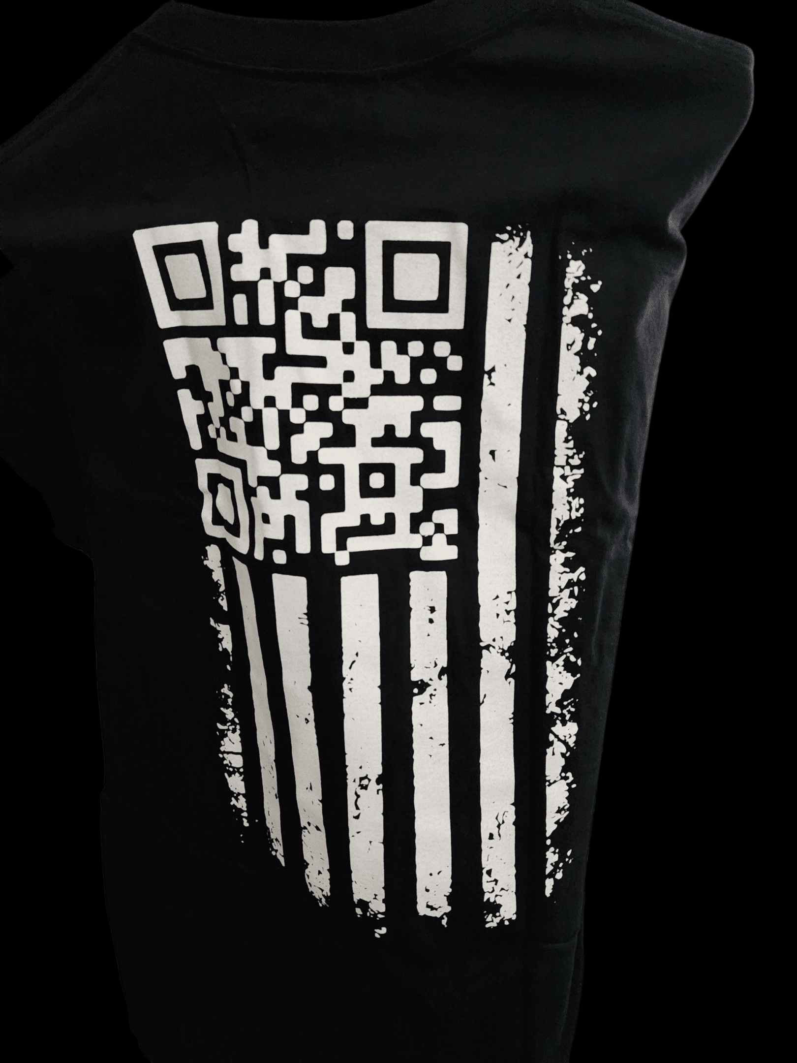 Black t-shirt with a QR code and distressed American flag design.