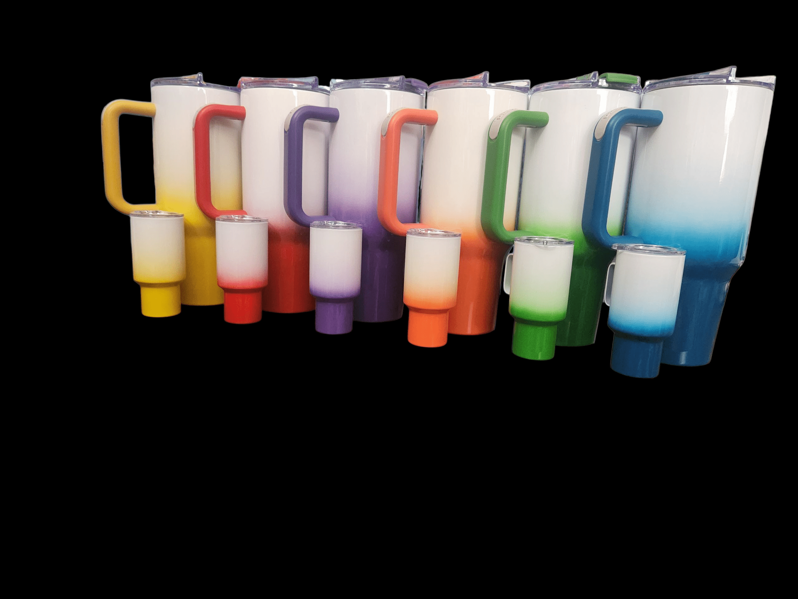 Colorful plastic containers with matching caps in a row.