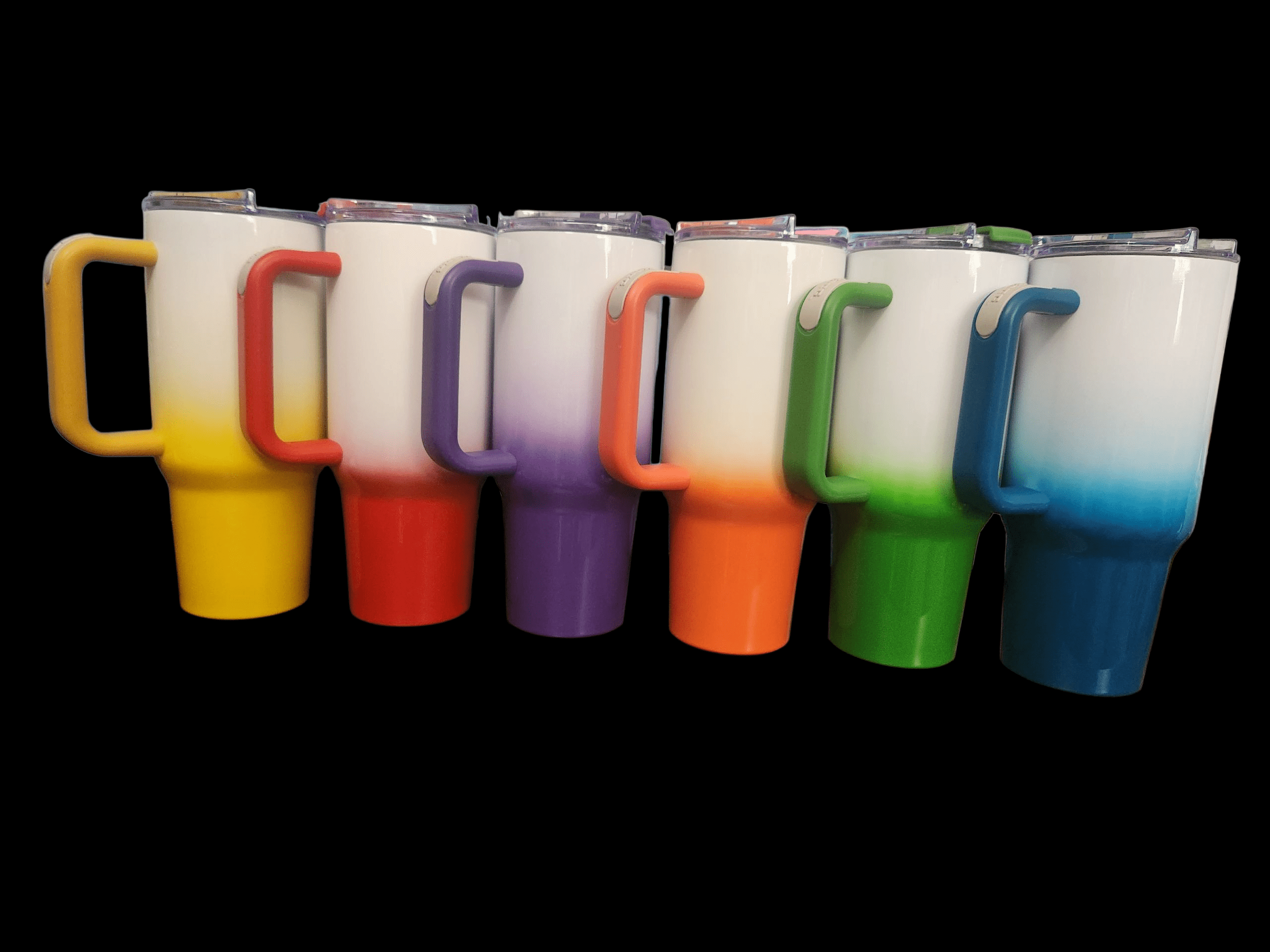 Row of colorful pitchers with matching handles and cups.