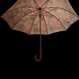 Vintage floral umbrella with a curved wooden handle.
