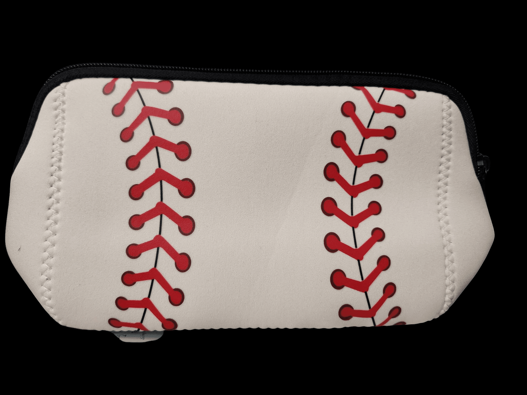A white pouch designed to look like a baseball with red stitching.