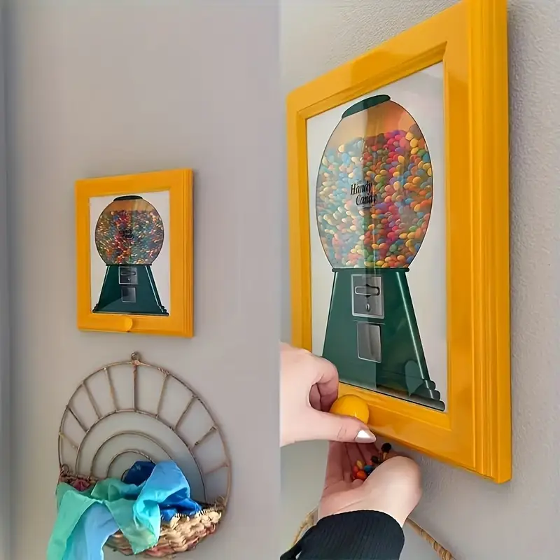 A colorful brain-themed wall clock in a yellow frame.
