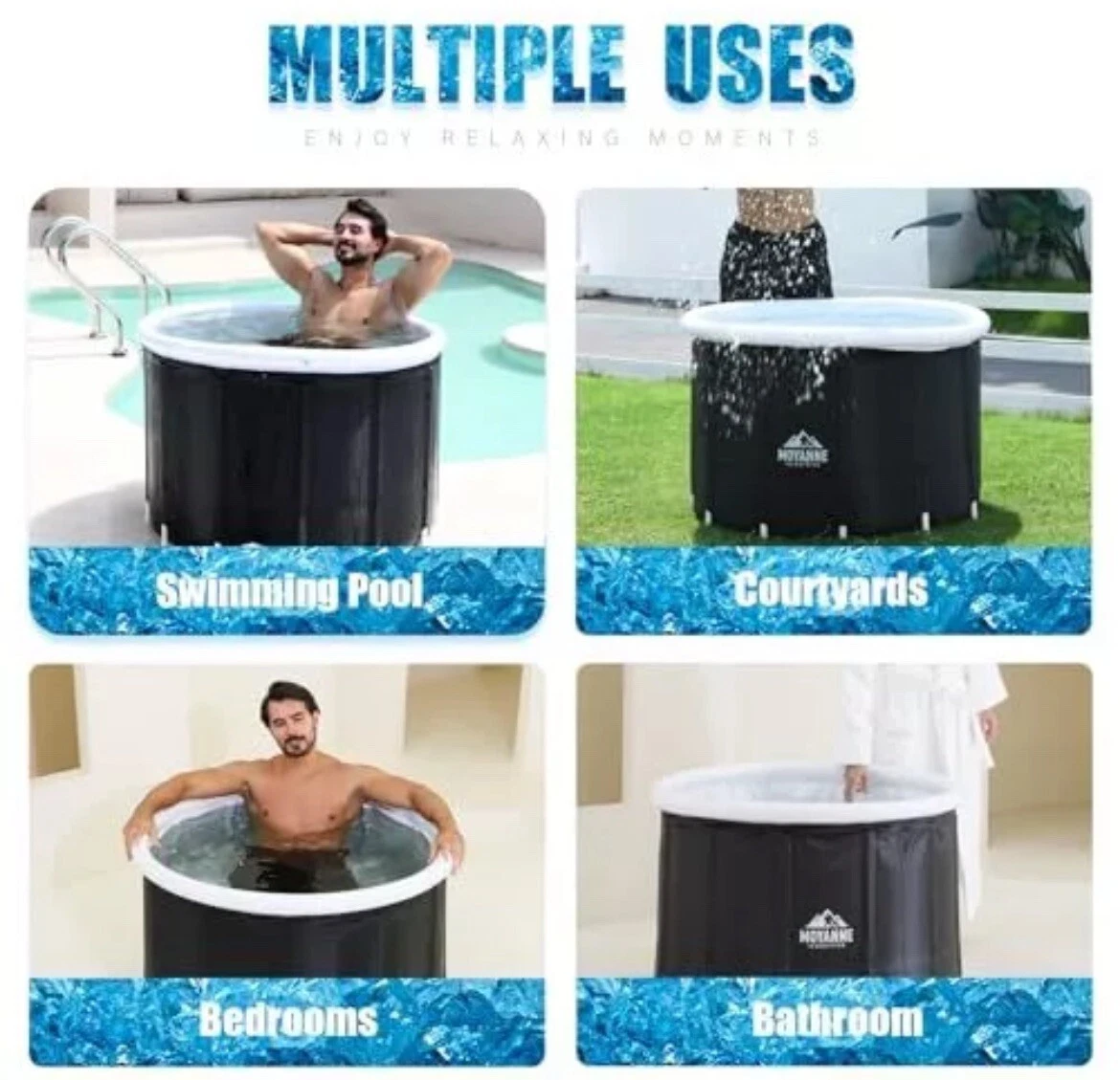 Portable hot tub with multiple uses for relaxation indoors or outdoors.