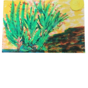 Colorful cactus drawing with a bright sun in the background.