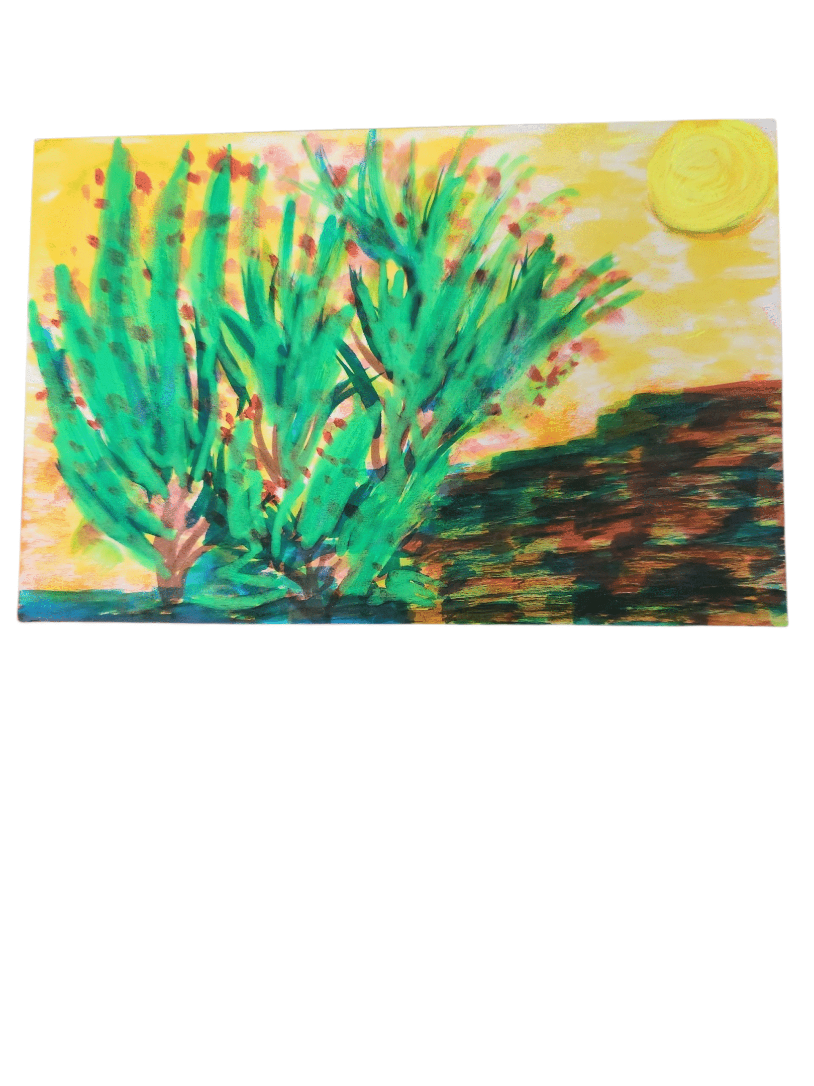 Colorful cactus drawing with a bright sun in the background.