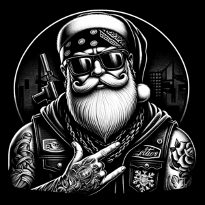 Black-and-white tattooed Santa with sunglasses and a leather jacket.
