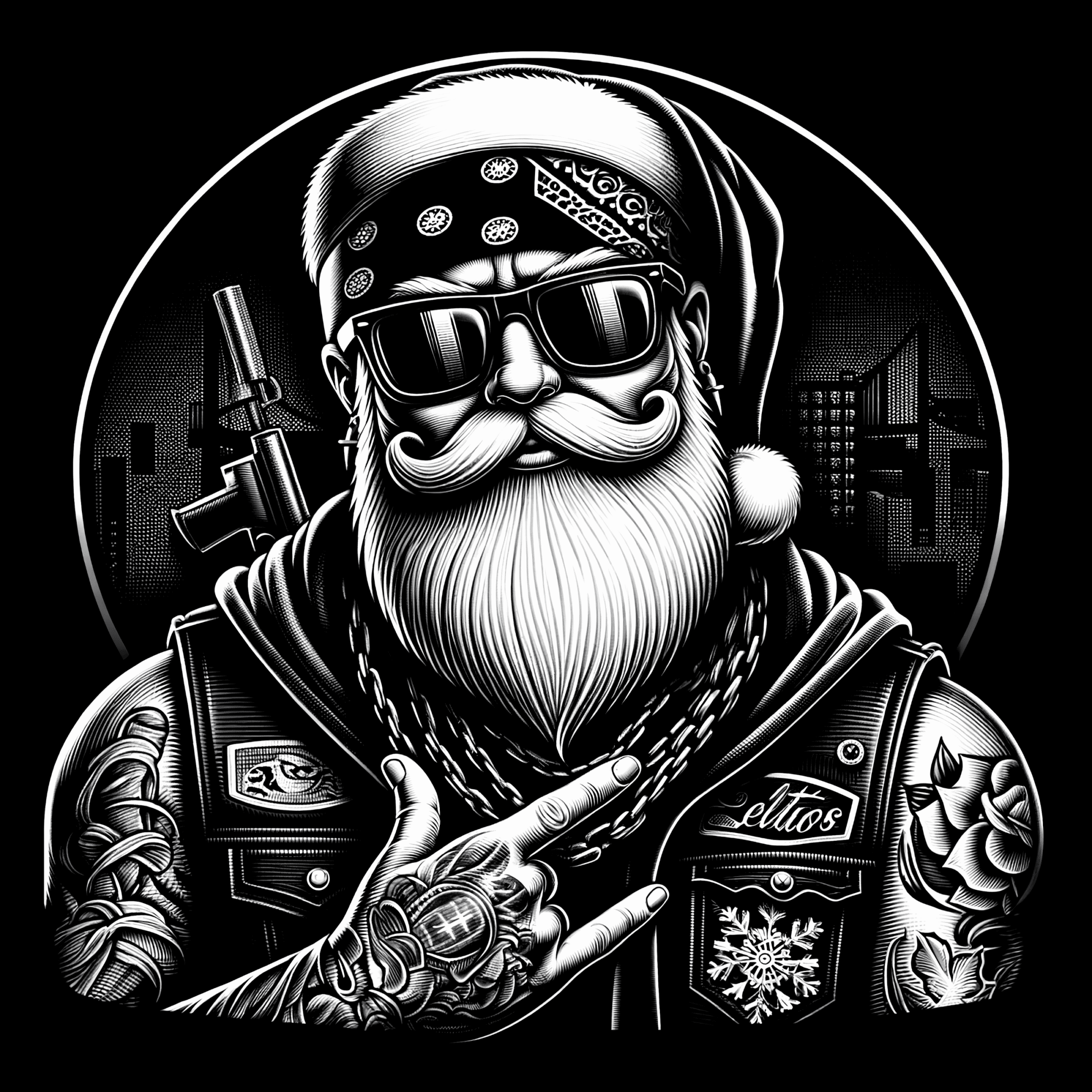 Black-and-white tattooed Santa with sunglasses and a leather jacket.