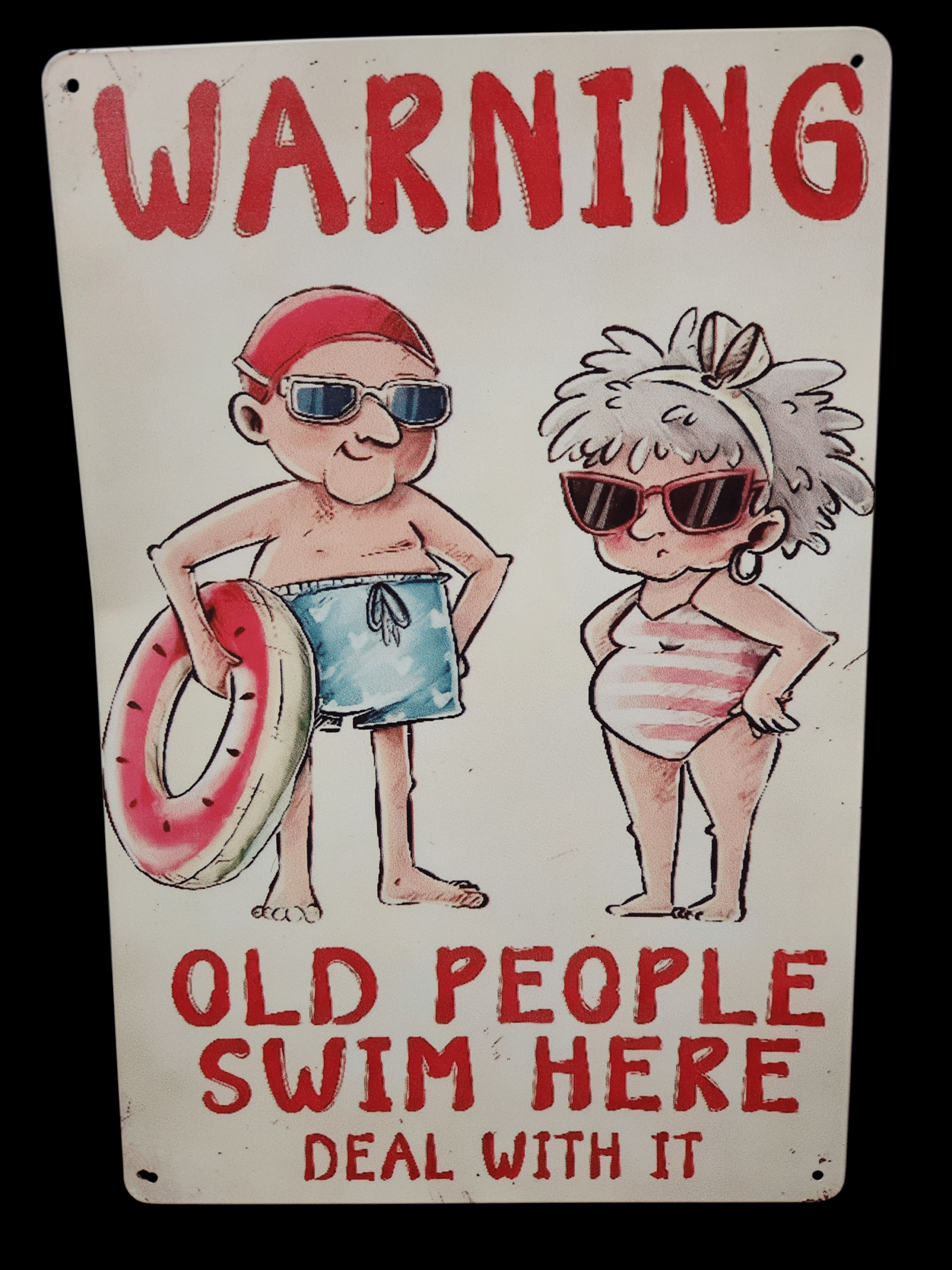 Humorous sign warning about old people swimming here.