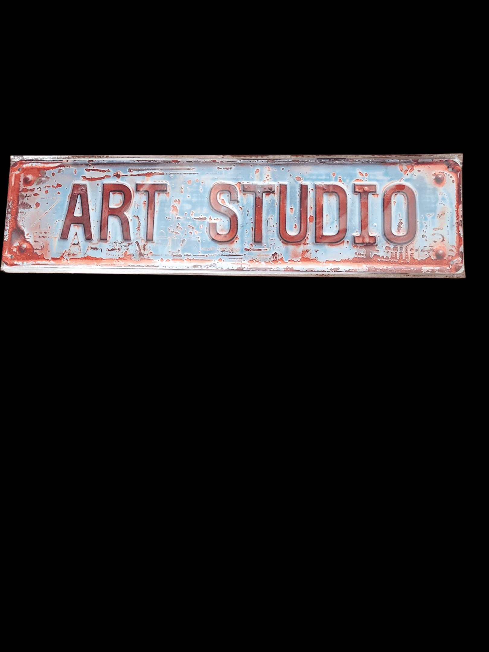 Rustic metal sign reading 'ART STUDIO' with weathered paint.